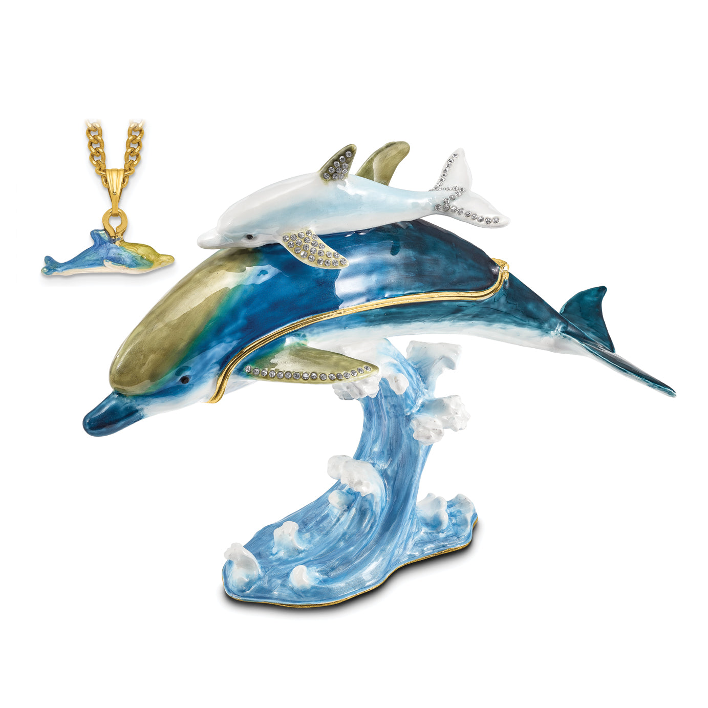 Luxury Giftware Pewter Bejeweled Crystals Gold-tone Enameled DONOVAN and DONNY Dolphins Trinket Box with Matching 18 Inch Necklace