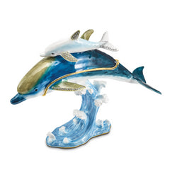 Luxury Giftware Pewter Bejeweled Crystals Gold-tone Enameled DONOVAN and DONNY Dolphins Trinket Box with Matching 18 Inch Necklace
