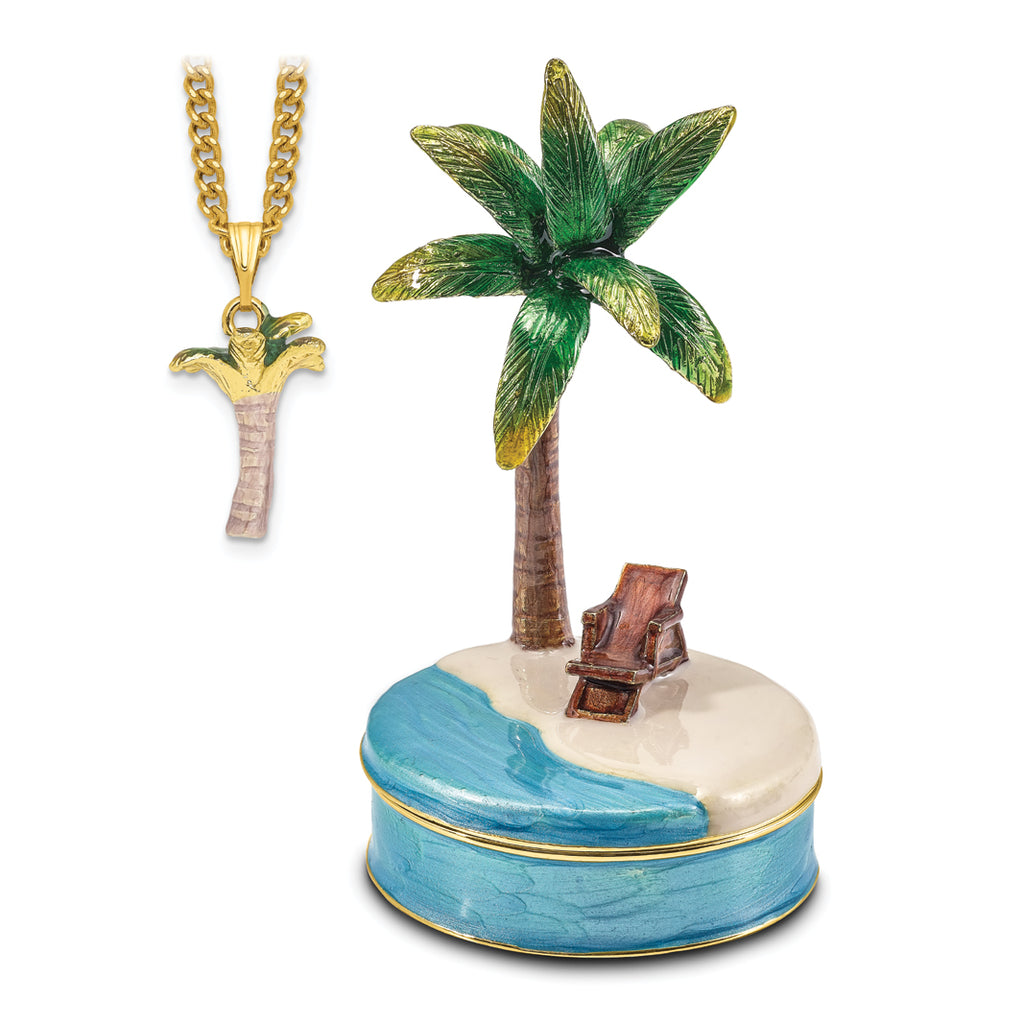 Luxury Giftware Pewter Bejeweled Crystals Gold-tone Enameled RELAX Palm Tree and Chair Trinket Box with Matching 18 Inch Necklace