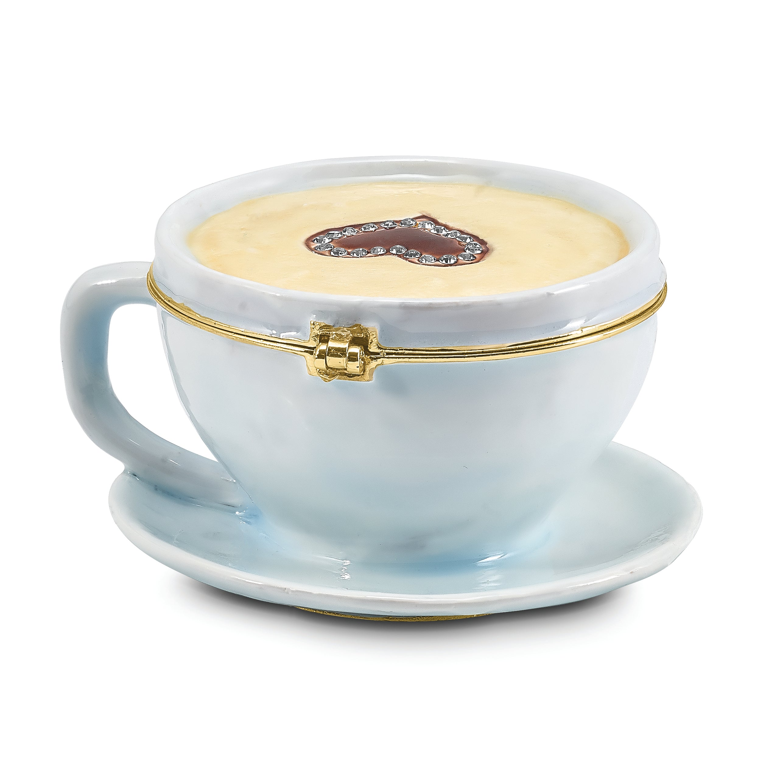 Luxury Giftware Pewter Bejeweled Crystals Gold-tone Enameled CAF Coffee Cup Trinket Box with Matching 18 Inch Necklace