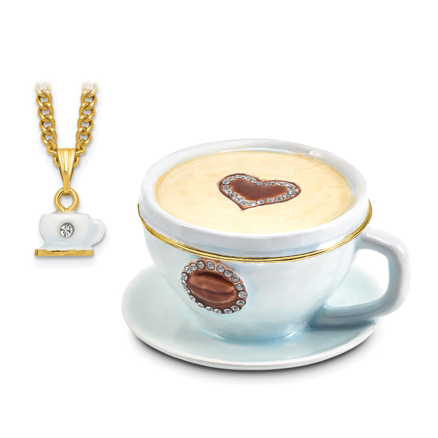 Luxury Giftware Pewter Bejeweled Crystals Gold-tone Enameled CAF Coffee Cup Trinket Box with Matching 18 Inch Necklace