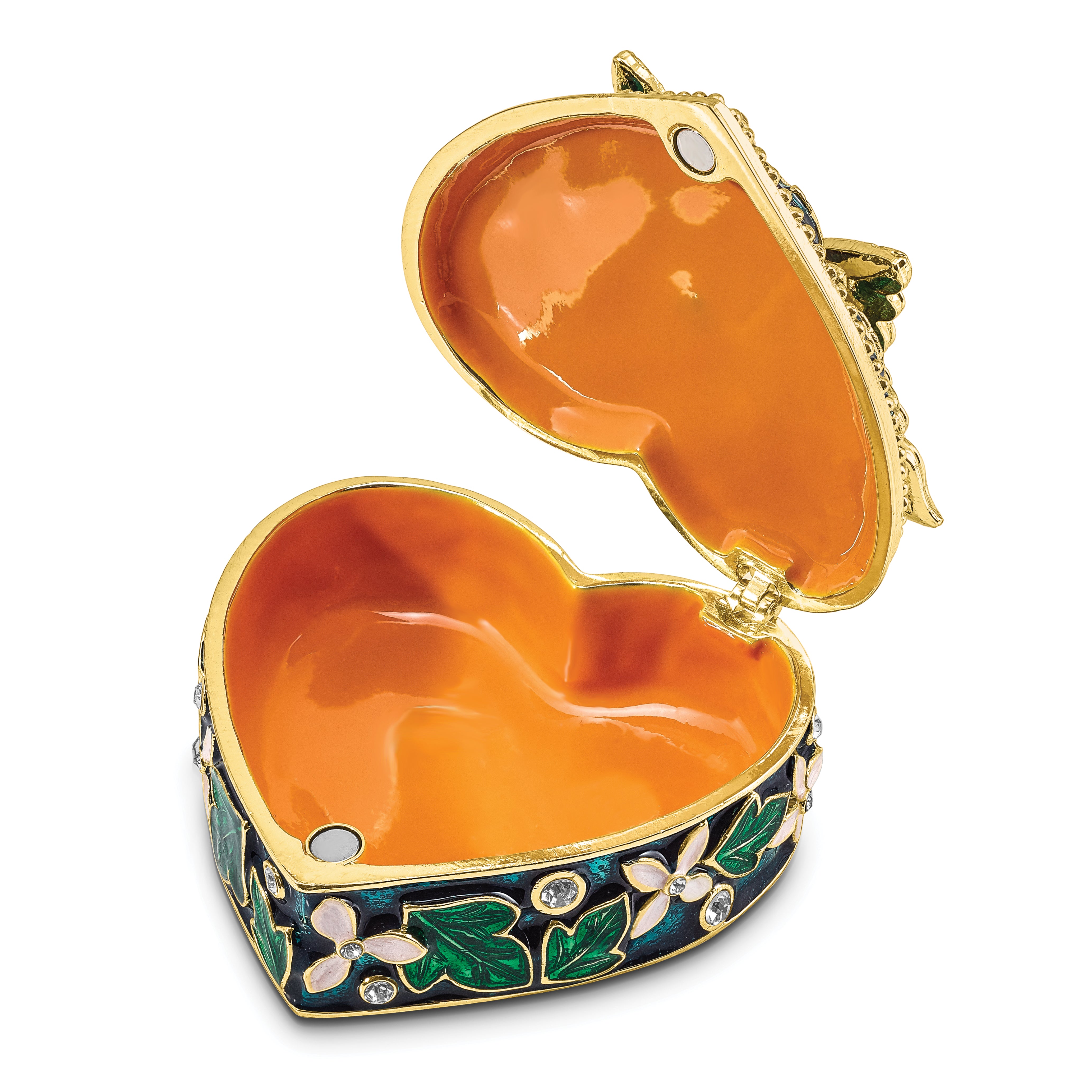 Luxury Giftware by Jere Pewter Bejeweled Crystals Gold-tone Enameled BLUSH Pink Butterfly on Heart Trinket Box with Matching 18 Inch Necklace