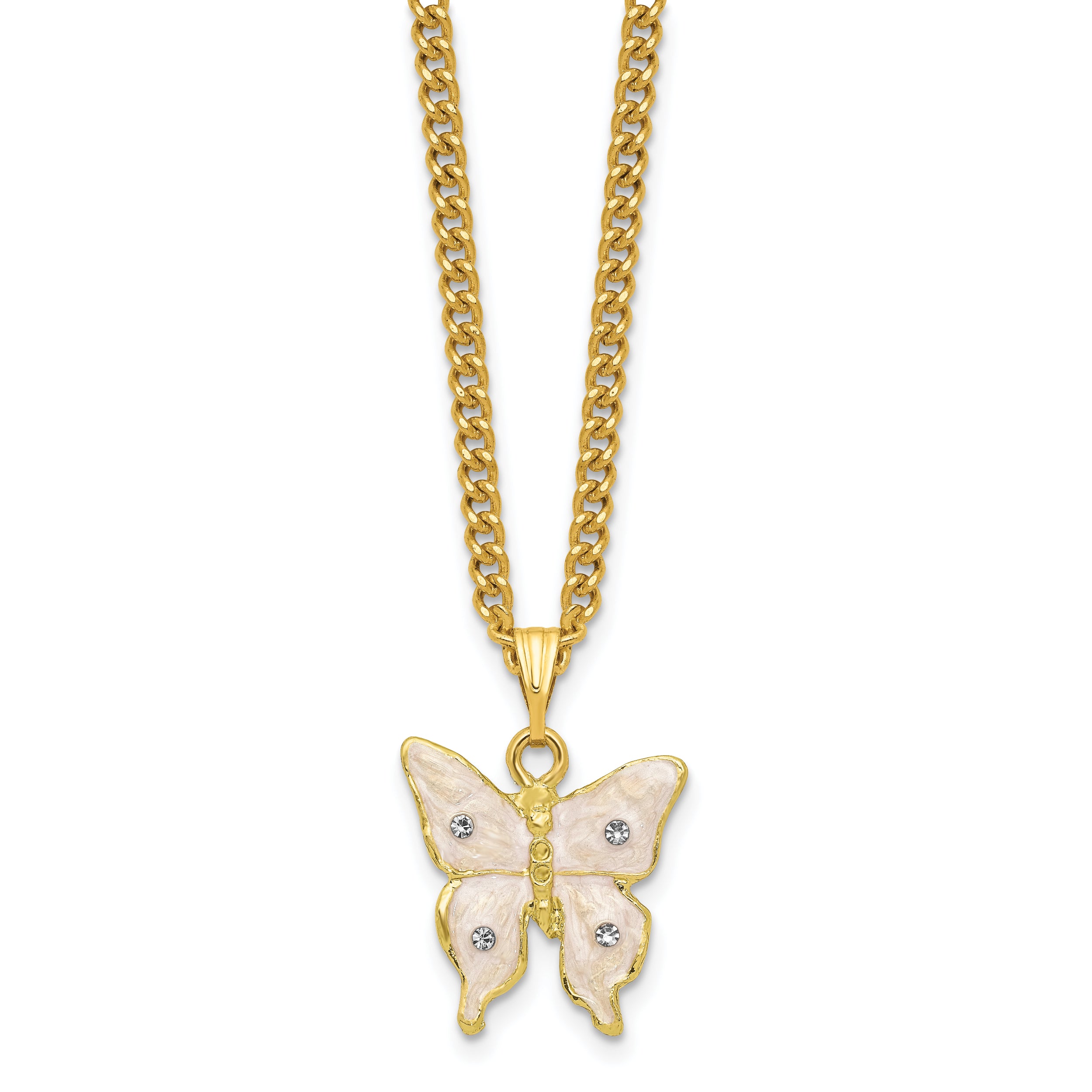 Luxury Giftware by Jere Pewter Bejeweled Crystals Gold-tone Enameled BLUSH Pink Butterfly on Heart Trinket Box with Matching 18 Inch Necklace