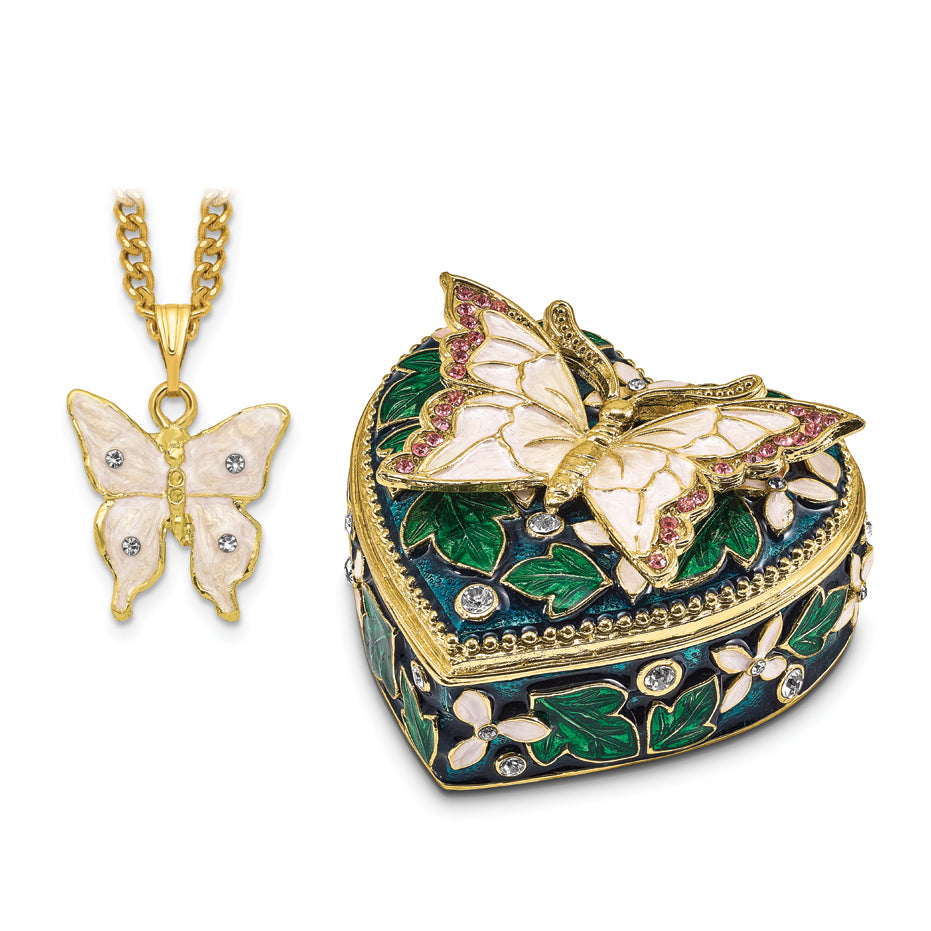 Luxury Giftware by Jere Pewter Bejeweled Crystals Gold-tone Enameled BLUSH Pink Butterfly on Heart Trinket Box with Matching 18 Inch Necklace