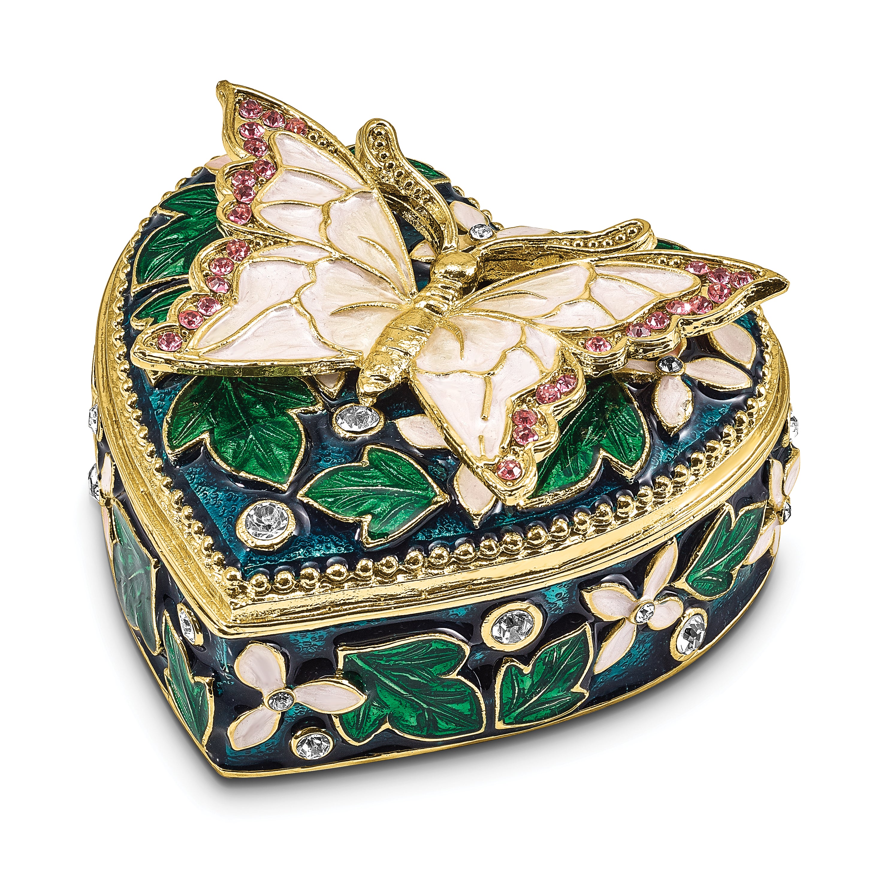 Luxury Giftware by Jere Pewter Bejeweled Crystals Gold-tone Enameled BLUSH Pink Butterfly on Heart Trinket Box with Matching 18 Inch Necklace