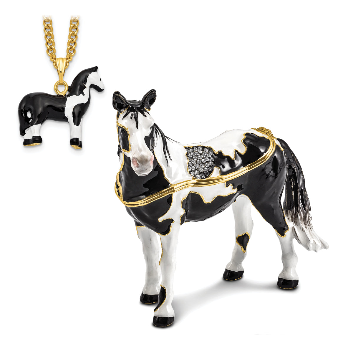Luxury Giftware by Jere Pewter Bejeweled Crystals Gold-tone Enameled ALPHA Paint Horse Trinket Box with Matching 18 Inch Necklace