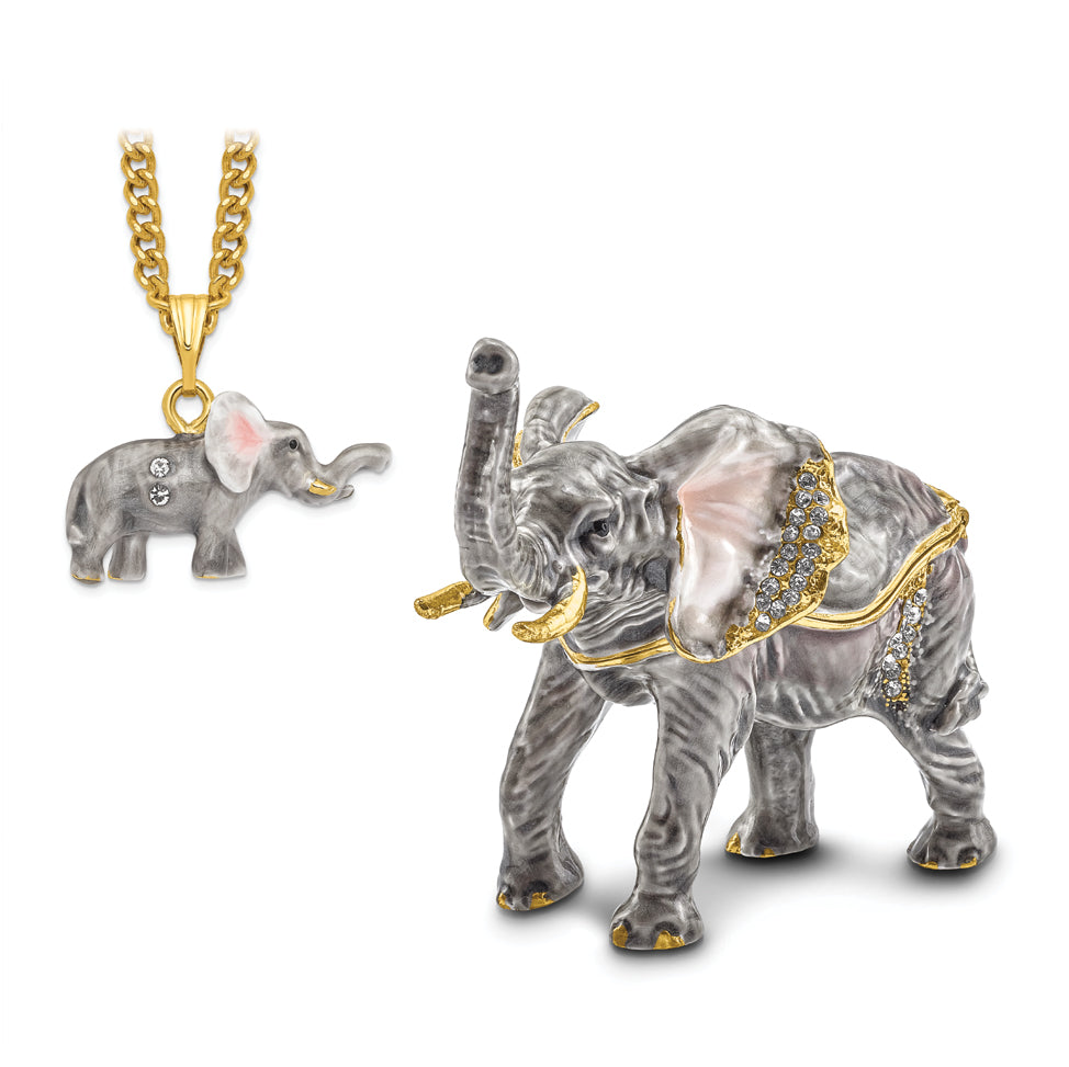 Luxury Giftware Pewter Bejeweled Crystals Gold-tone Enameled MORRISON Elephant Trinket Box with Matching 18 Inch Necklace