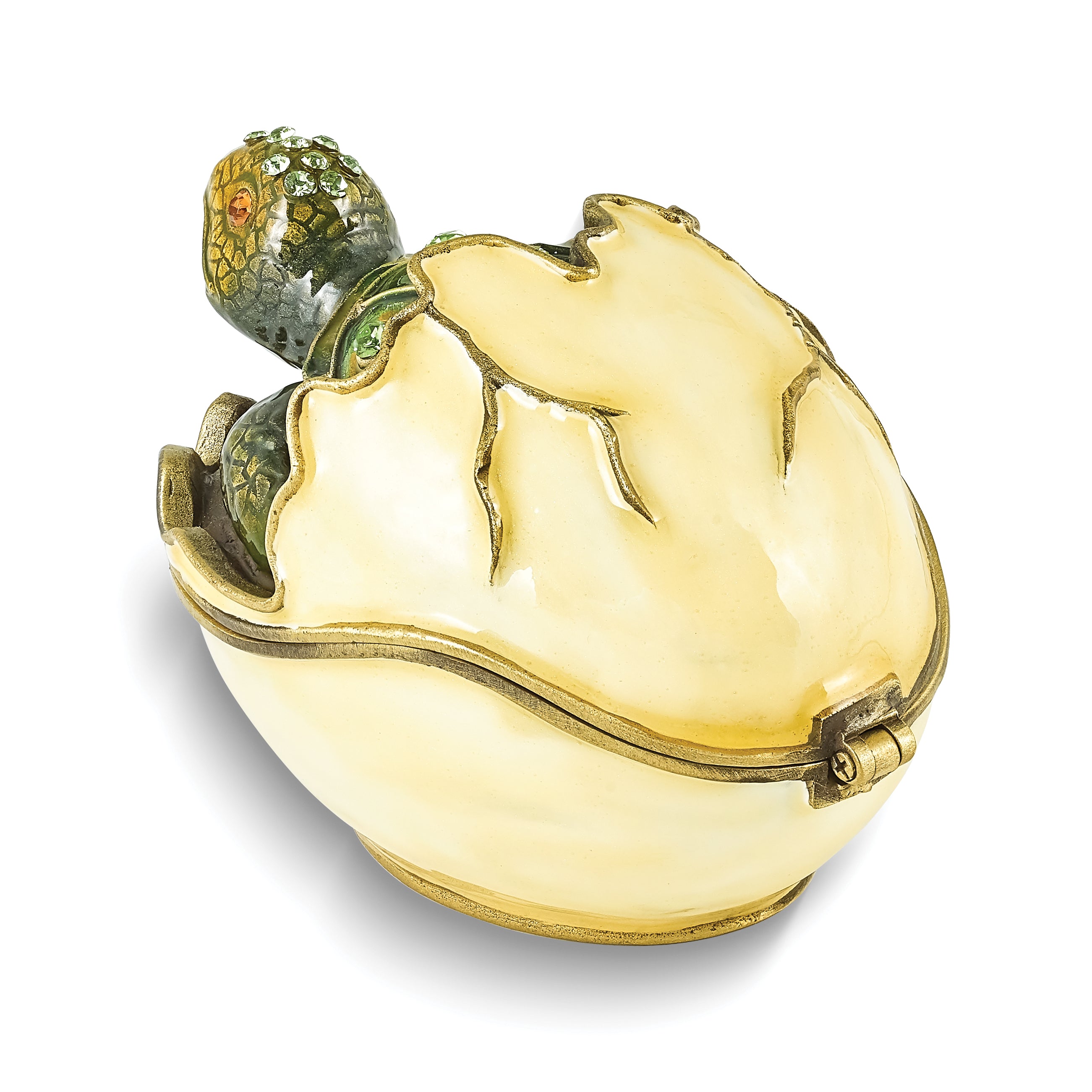 Luxury Giftware Pewter Bejeweled Crystals Gold-tone Enameled NORBERT Turtle Hatchling Trinket Box with Matching 18 Inch Necklace