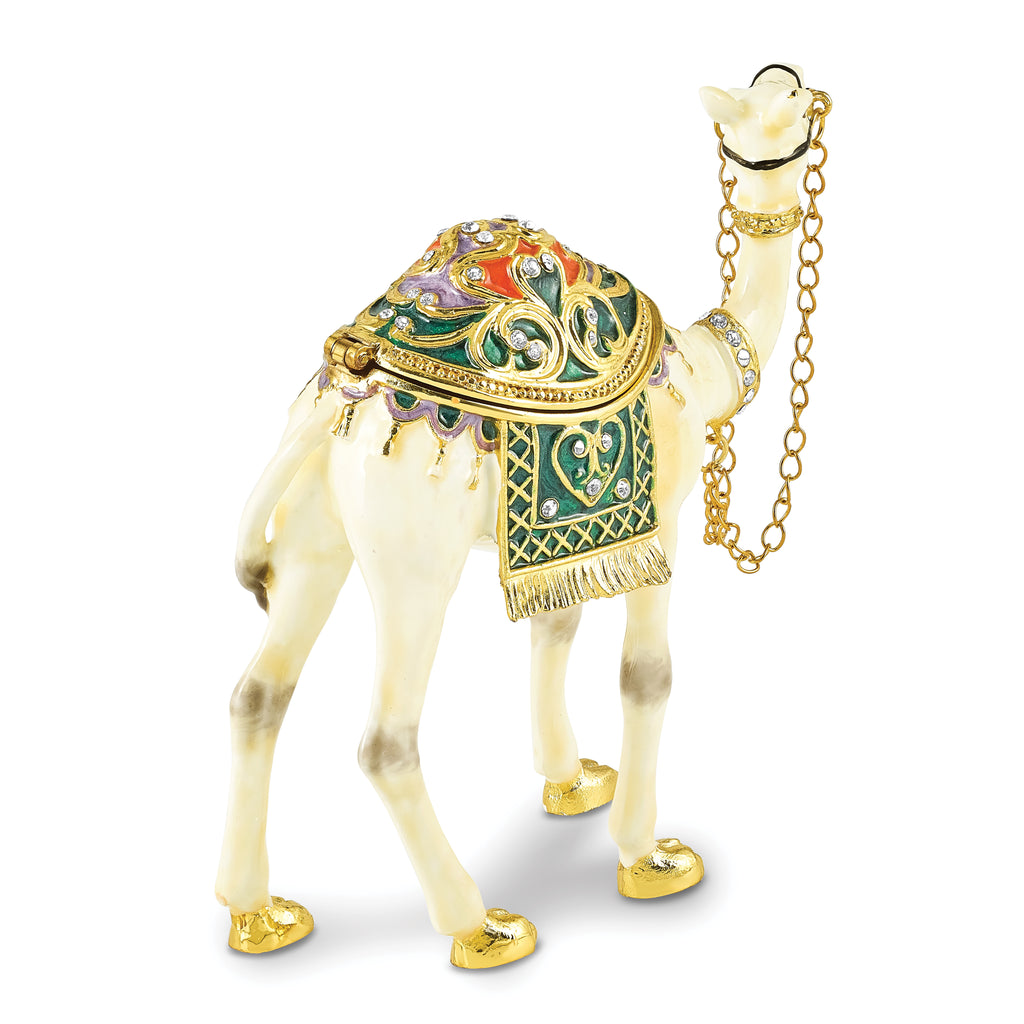 Luxury Giftware by Jere Pewter Bejeweled Crystals Gold-tone Enameled FAISAL White Camel Trinket Box with Matching 18 Inch Necklace