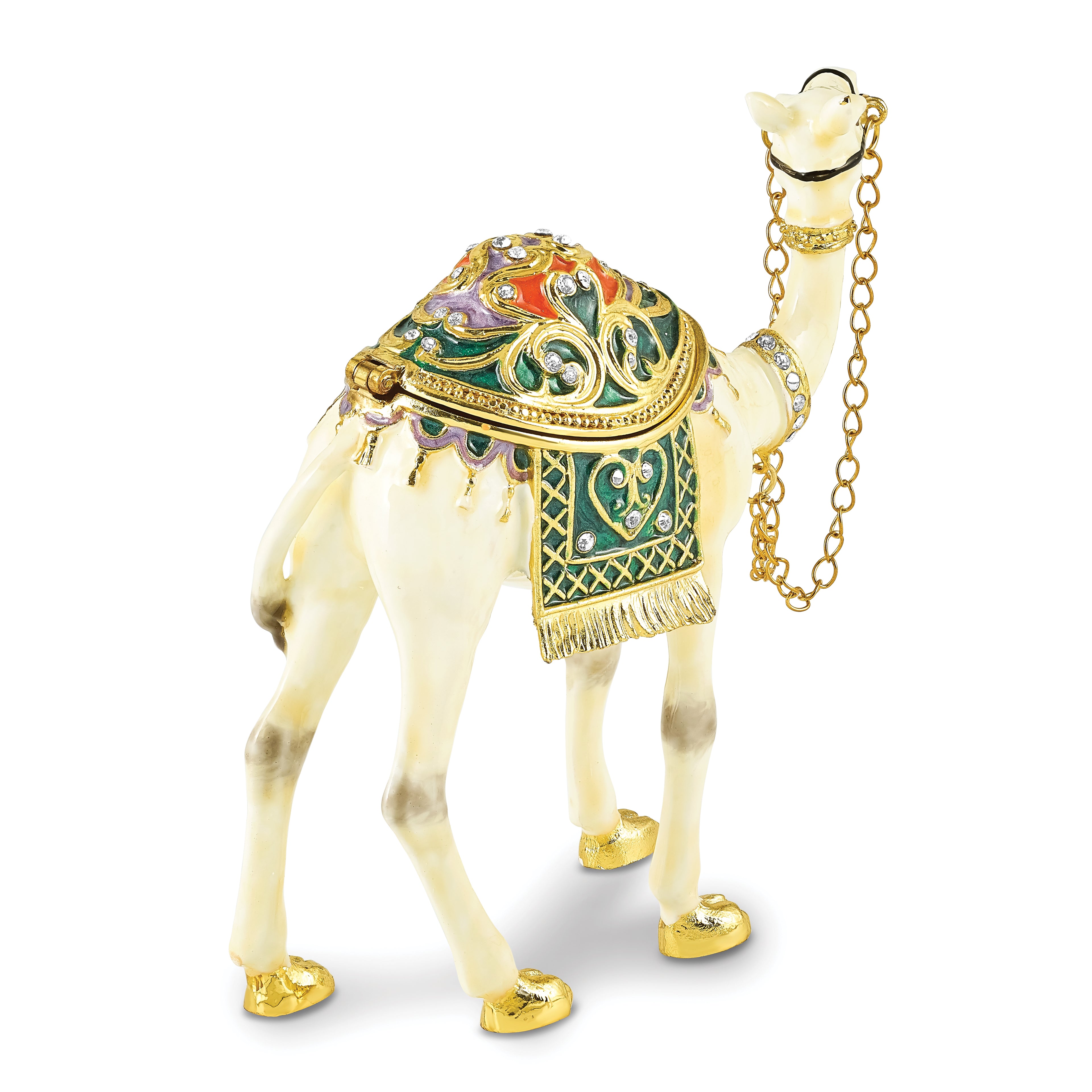 Luxury Giftware by Jere Pewter Bejeweled Crystals Gold-tone Enameled FAISAL White Camel Trinket Box with Matching 18 Inch Necklace