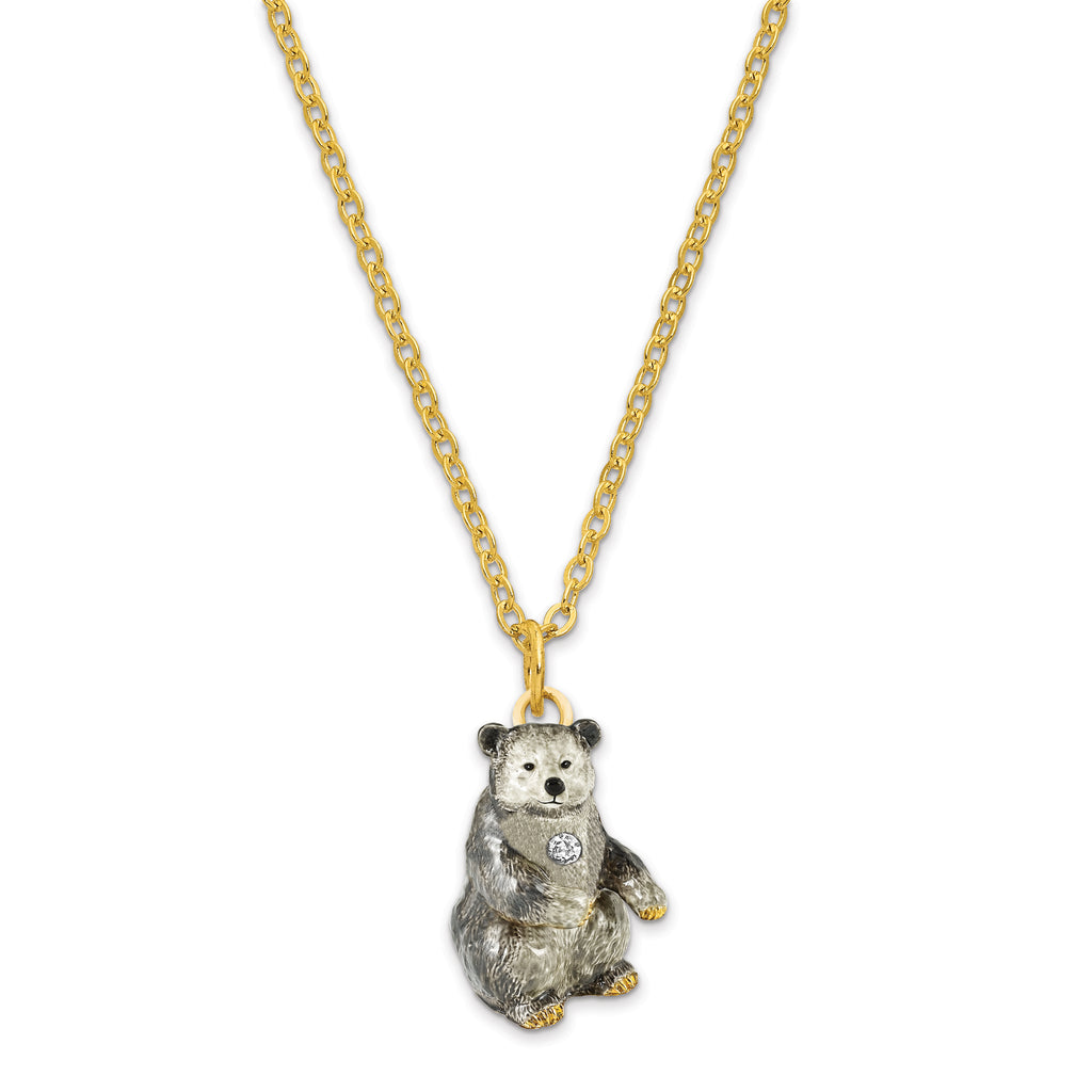 Luxury Giftware Pewter Bejeweled Crystals Gold-tone Enameled BETTY Black and Grey Bear Trinket Box with Matching 18 Inch Necklace