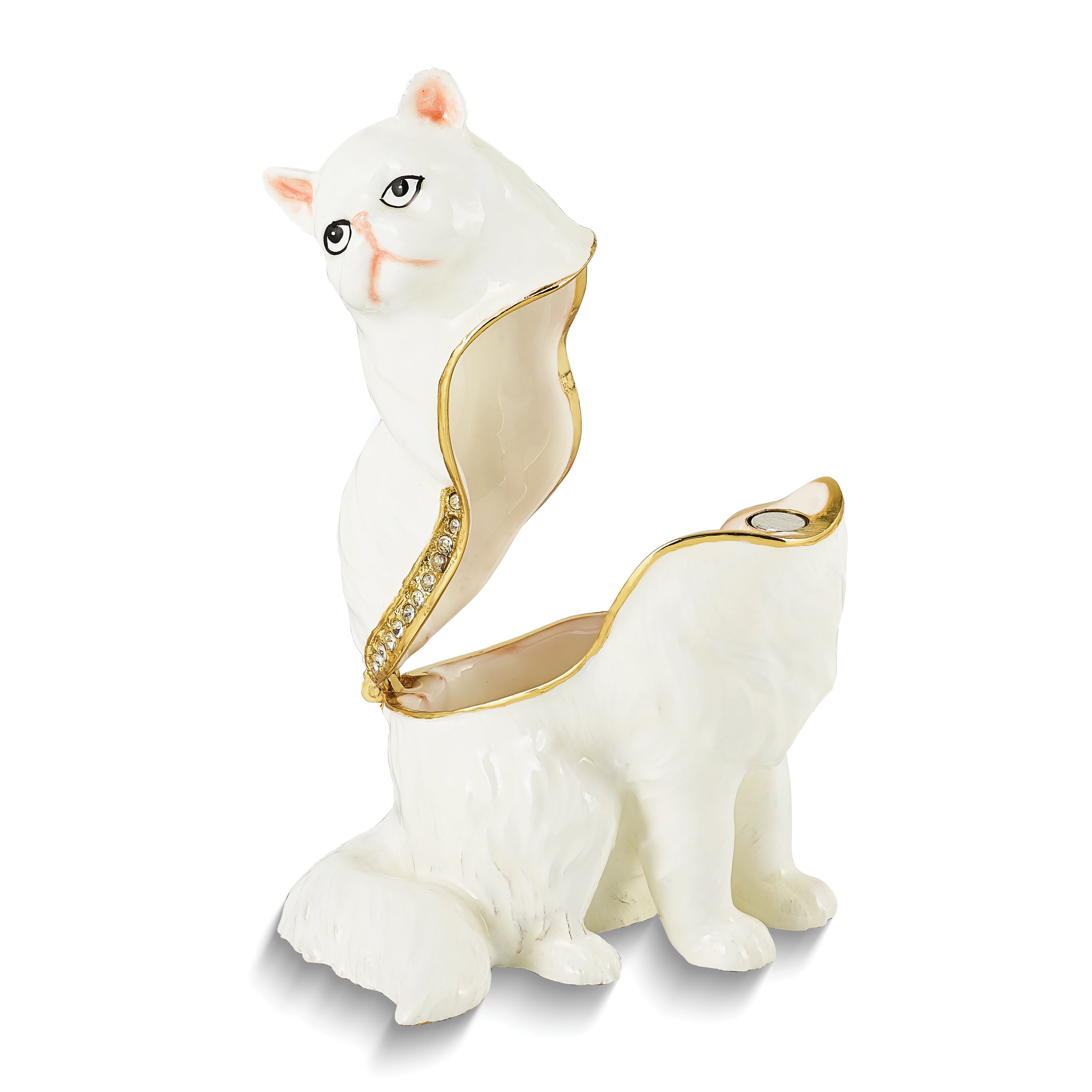 Luxury Giftware Pewter Bejeweled Crystals Gold-tone Enameled MISSY White Cat Trinket Box with Matching 18 Inch Necklace