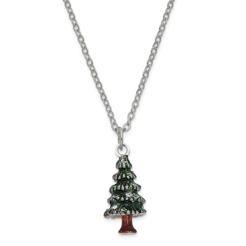 Luxury Giftware Pewter Bejeweled Crystals Silver-tone Enameled NOSTALGIA Christmas Tree Trinket Box with Matching 18 Inch Necklace