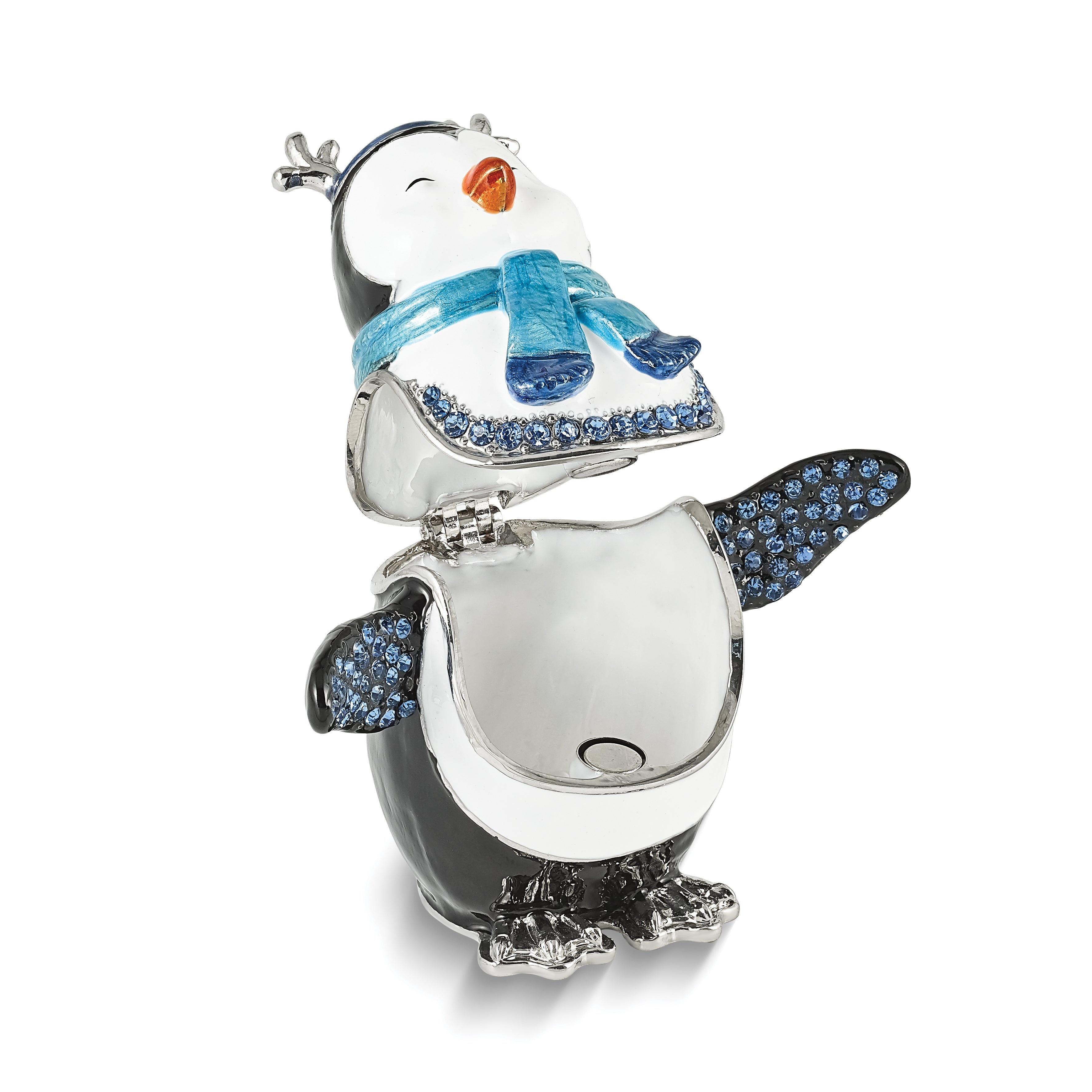 Luxury Giftware by Jere Bejeweled Crystals Silver-tone Enameled PERCY Penguin with Scarf Trinket Box with Matching 18 Inch Necklace