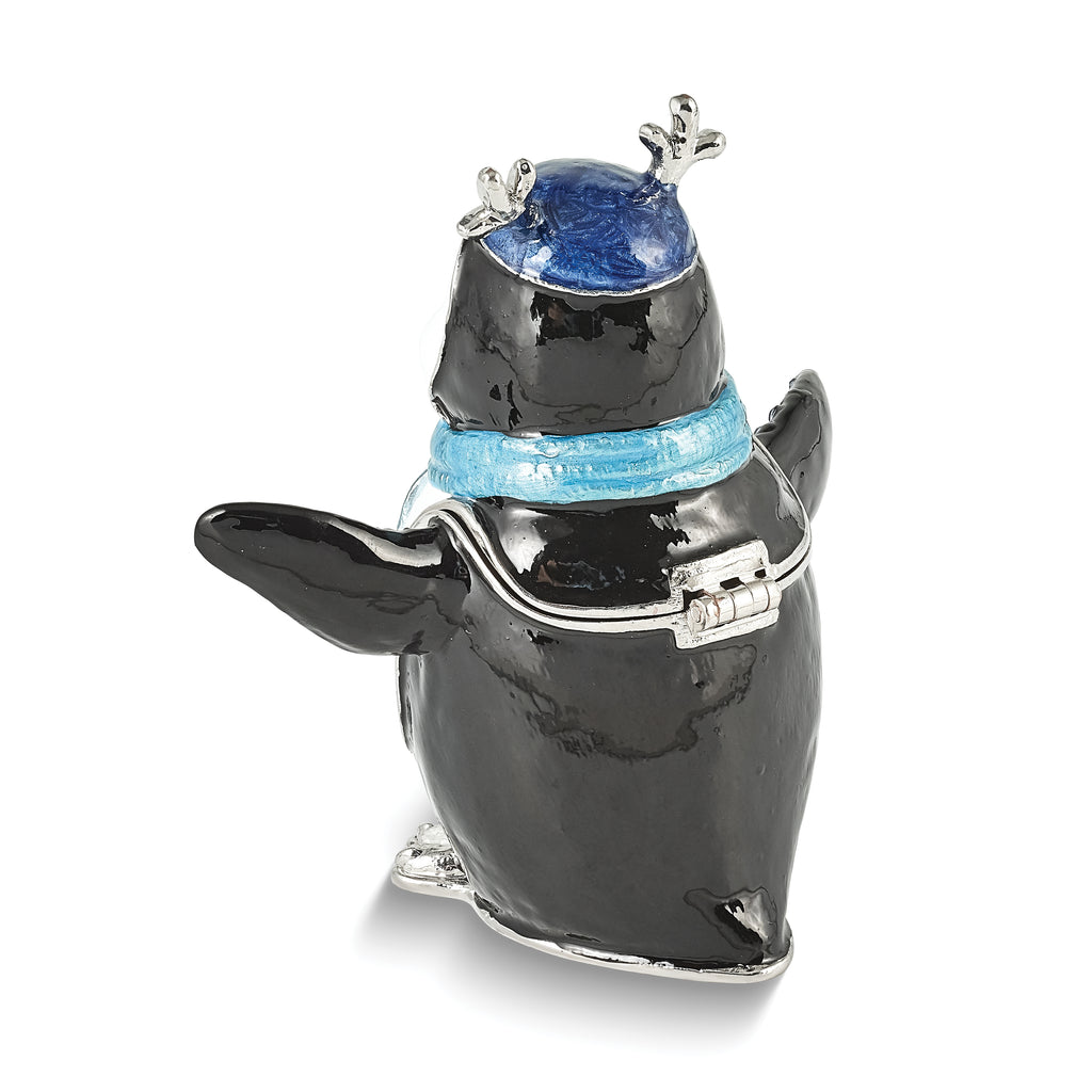 Luxury Giftware by Jere Bejeweled Crystals Silver-tone Enameled PERCY Penguin with Scarf Trinket Box with Matching 18 Inch Necklace