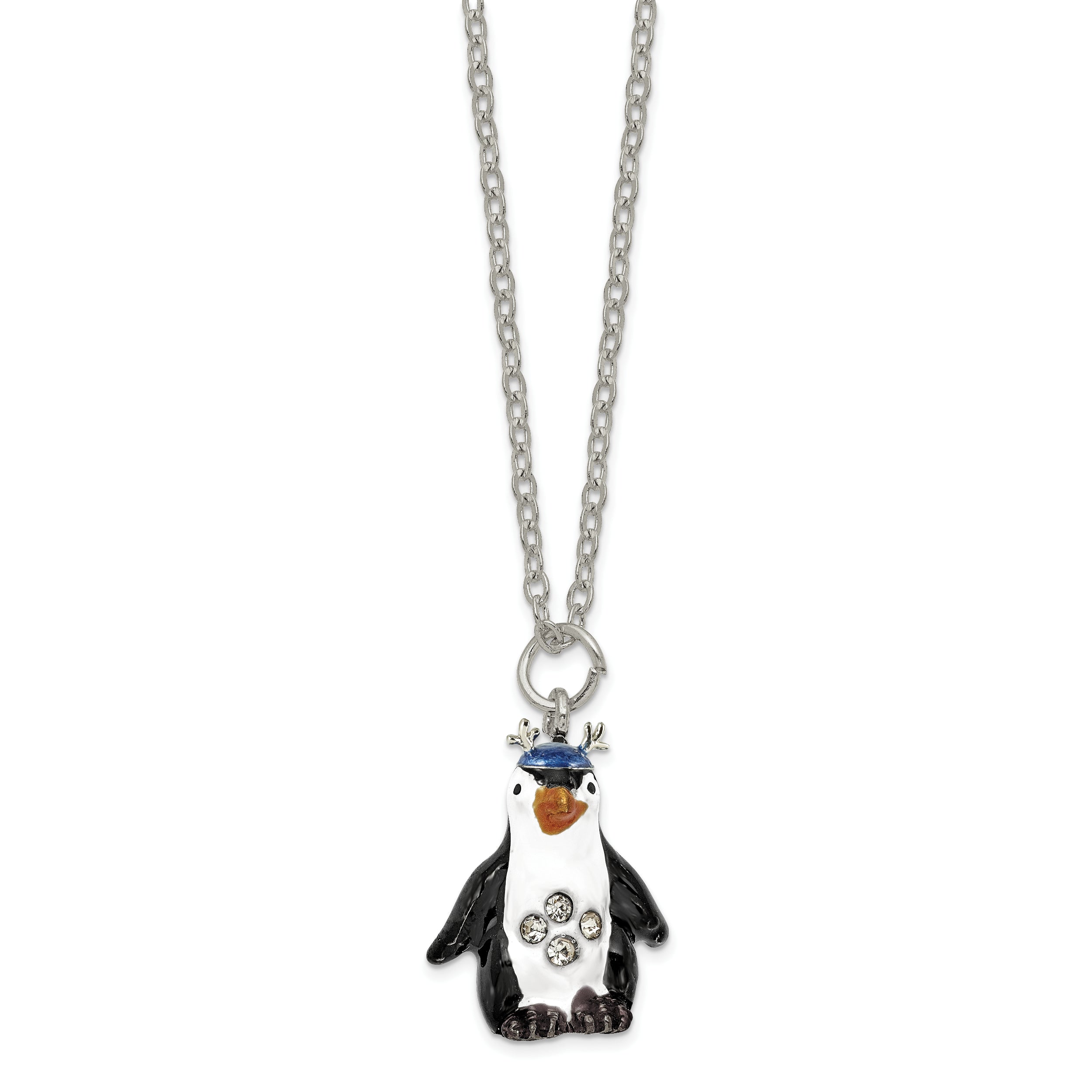 Luxury Giftware by Jere Bejeweled Crystals Silver-tone Enameled PERCY Penguin with Scarf Trinket Box with Matching 18 Inch Necklace