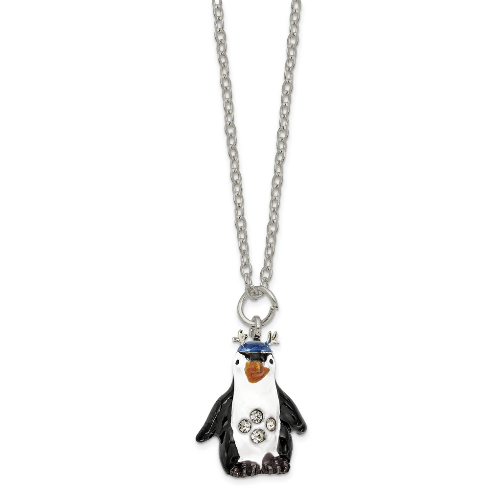 Luxury Giftware by Jere Bejeweled Crystals Silver-tone Enameled PERCY Penguin with Scarf Trinket Box with Matching 18 Inch Necklace