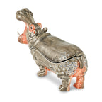 Luxury Giftware by Jere Pewter Bejeweled Crystals Silver-tone Enameled HENRY Hippo Trinket Box with Matching 18 Inch Necklace