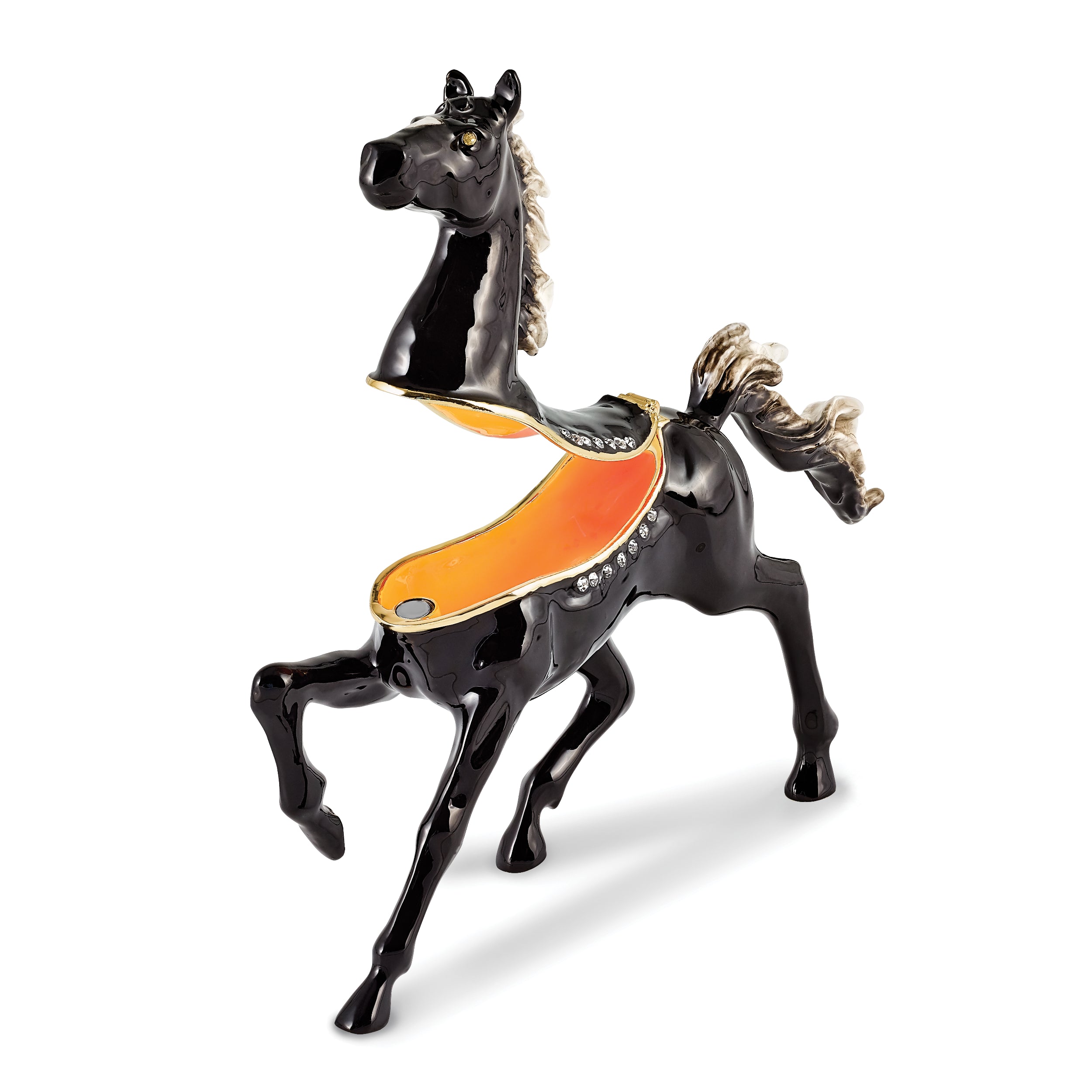 Luxury Giftware Pewter Bejeweled Crystals Gold-tone Enameled PEPPER Black Horse with White Mane Trinket Box with Matching 18 Inch Necklace