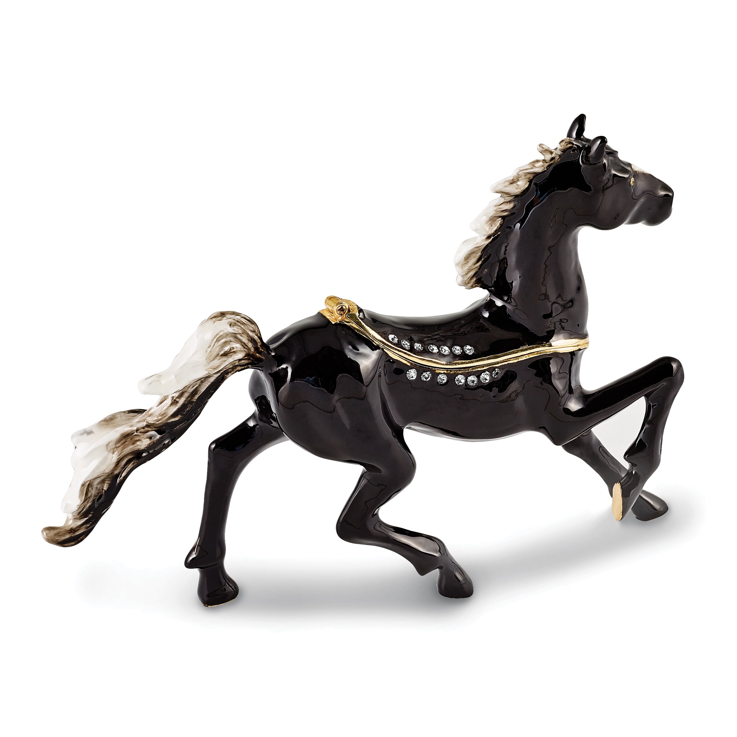 Luxury Giftware Pewter Bejeweled Crystals Gold-tone Enameled PEPPER Black Horse with White Mane Trinket Box with Matching 18 Inch Necklace