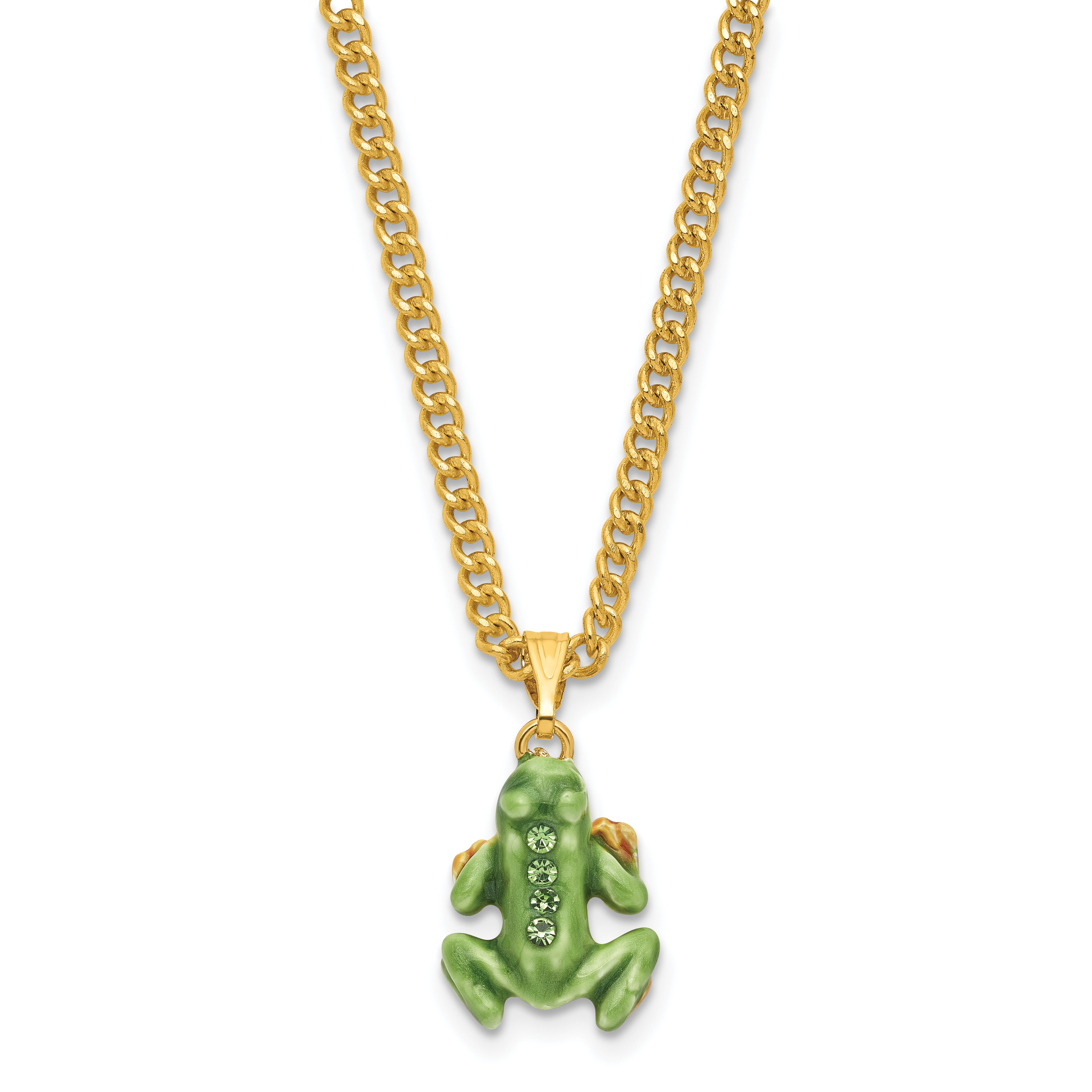 Luxury Giftware Pewter Bejeweled Crystals Gold-tone Enameled JENSEN Handstand Frog on Lily Pad Trinket Box with Matching 18 Inch Necklace
