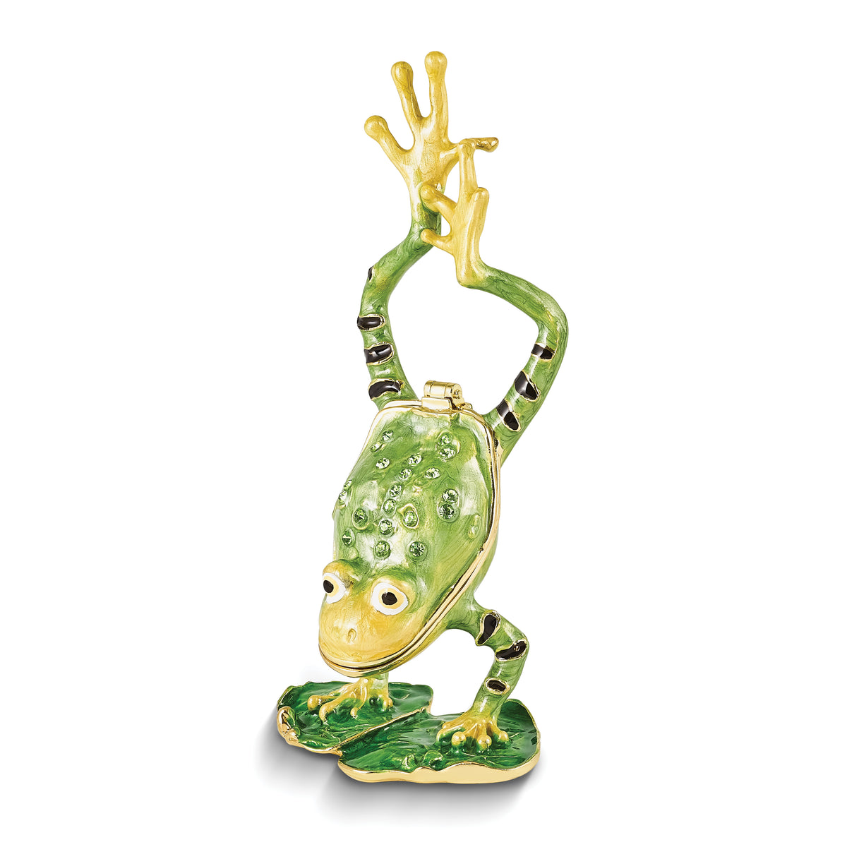 Luxury Giftware Pewter Bejeweled Crystals Gold-tone Enameled JENSEN Handstand Frog on Lily Pad Trinket Box with Matching 18 Inch Necklace
