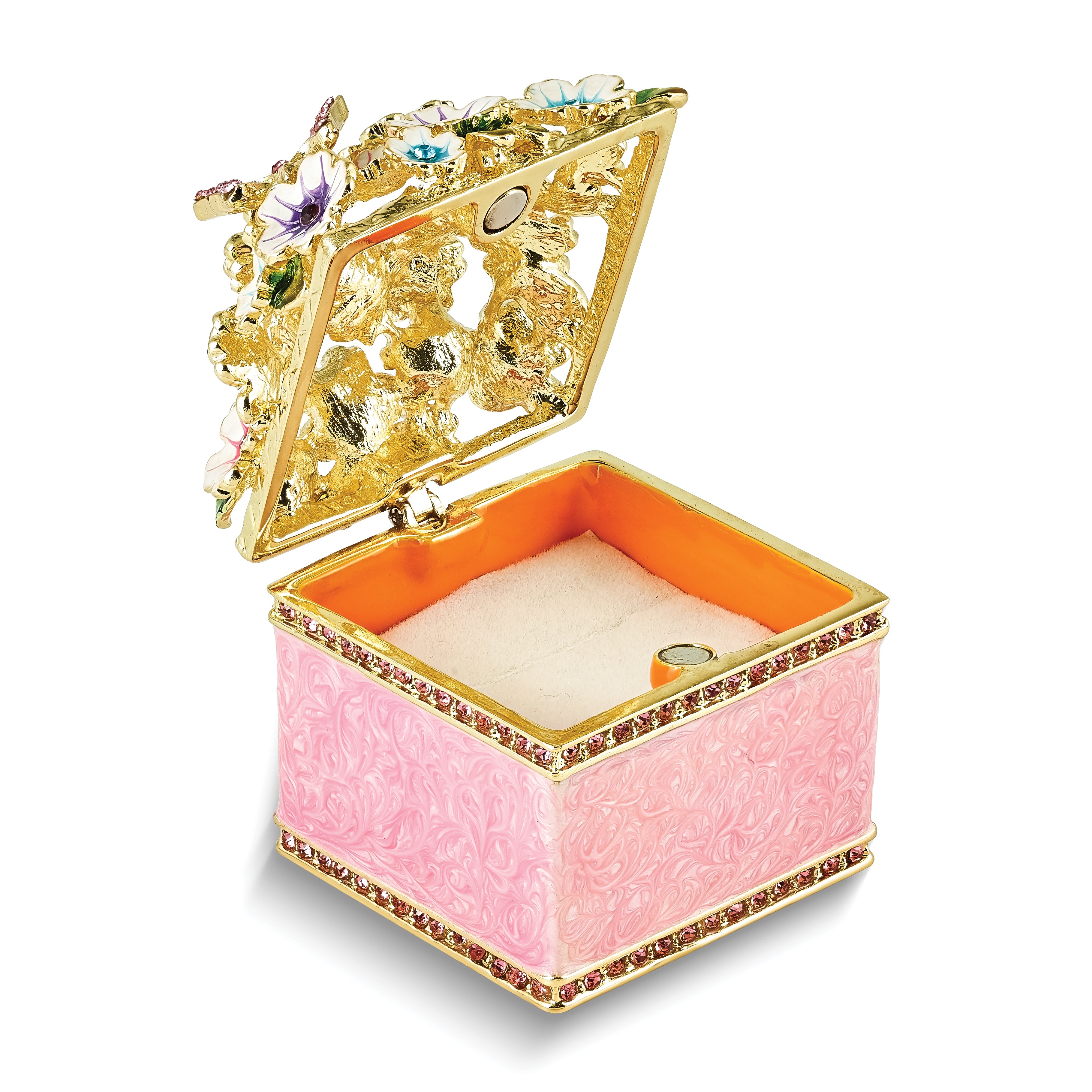 Luxury Giftware by Jere Pewter Bejeweled Crystals Gold-tone Enameled HELLO SPRING Flowers and Butterfly Ring Holder Trinket Box with Matching 18 Inch Necklace