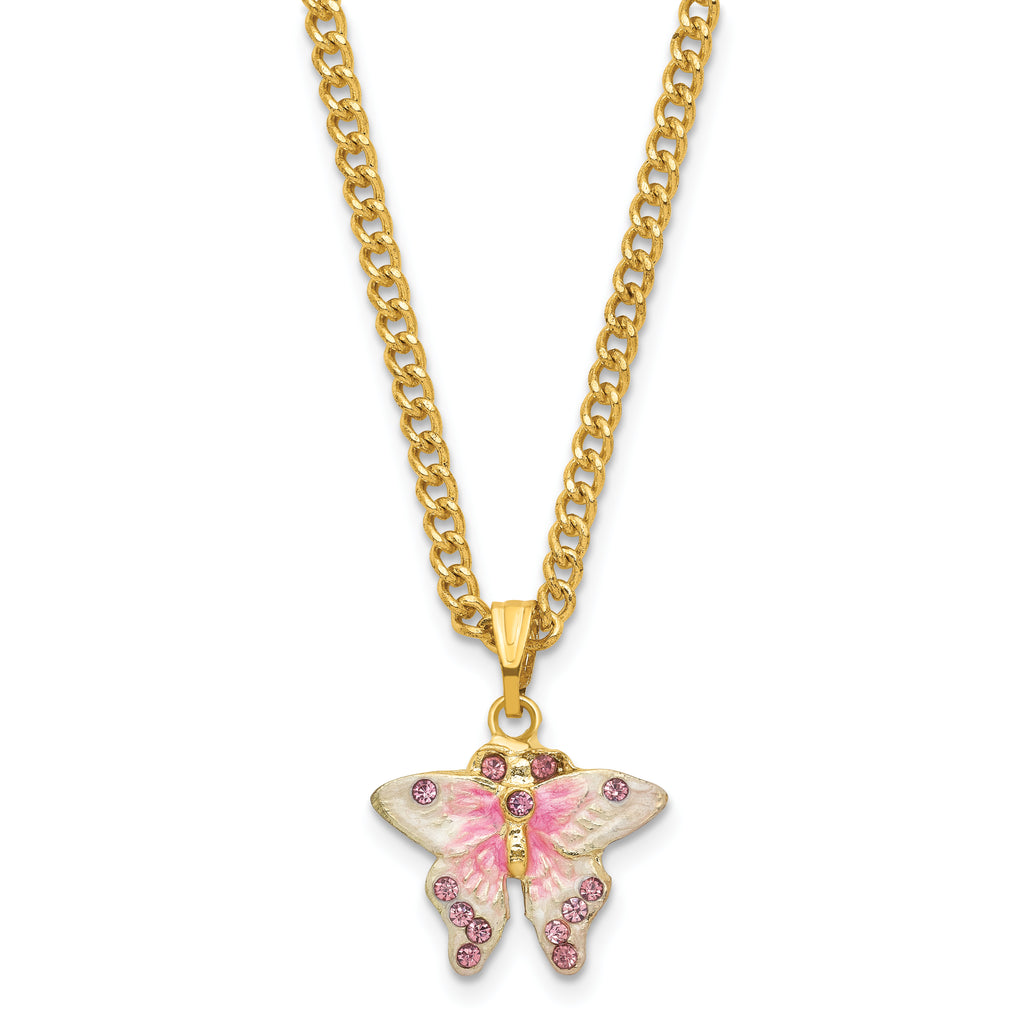 Luxury Giftware by Jere Pewter Bejeweled Crystals Gold-tone Enameled HELLO SPRING Flowers and Butterfly Ring Holder Trinket Box with Matching 18 Inch Necklace