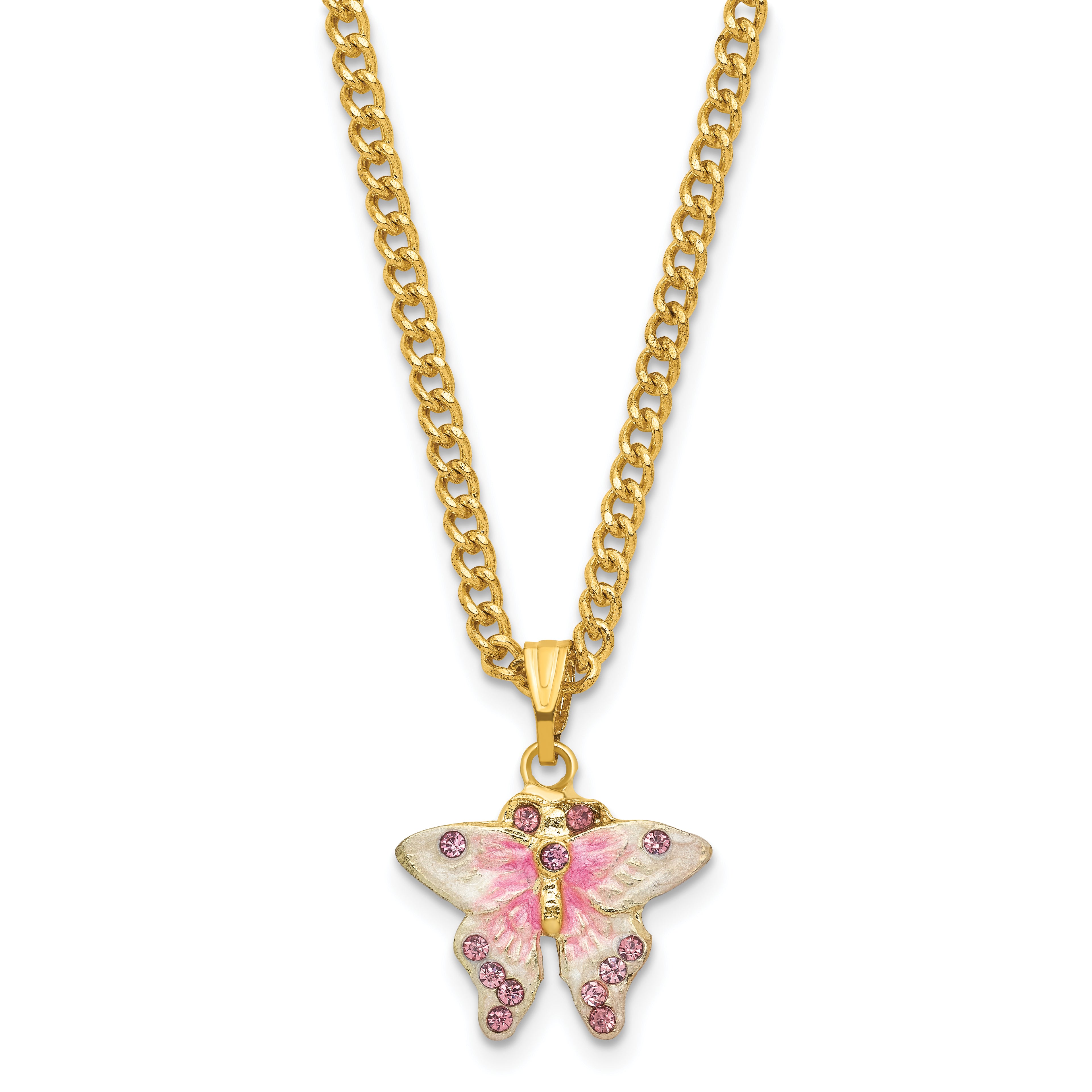 Luxury Giftware by Jere Pewter Bejeweled Crystals Gold-tone Enameled HELLO SPRING Flowers and Butterfly Ring Holder Trinket Box with Matching 18 Inch Necklace