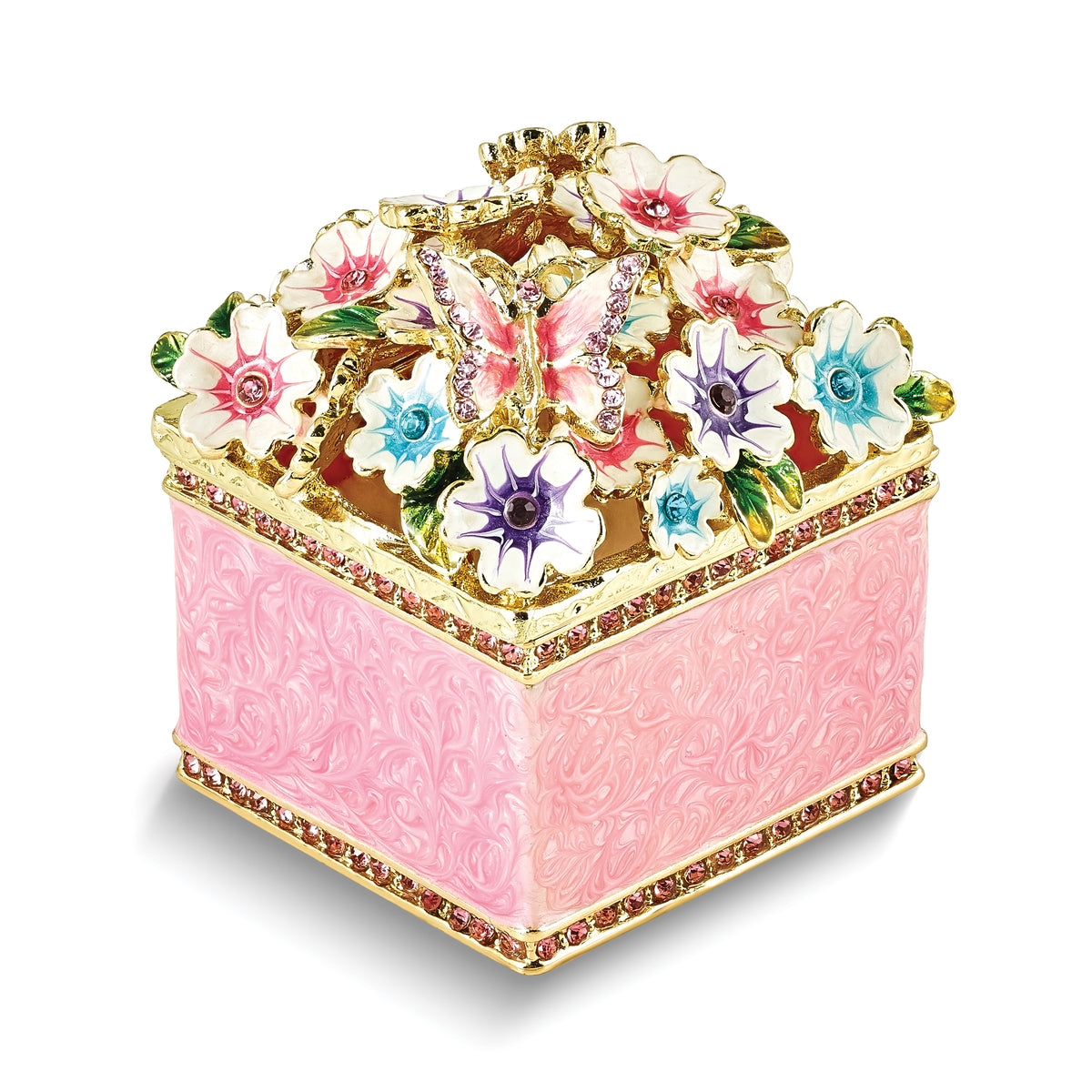 Luxury Giftware by Jere Pewter Bejeweled Crystals Gold-tone Enameled HELLO SPRING Flowers and Butterfly Ring Holder Trinket Box with Matching 18 Inch Necklace