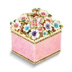 Luxury Giftware by Jere Pewter Bejeweled Crystals Gold-tone Enameled HELLO SPRING Flowers and Butterfly Ring Holder Trinket Box with Matching 18 Inch Necklace