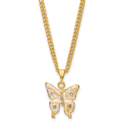 Luxury Giftware Pewter Bejeweled Crystals Gold-tone Enameled BUTTERFLY NECTAR Blue Flower Butterfly Ring Holder Trinket Box with Matching 18 Inch Necklace