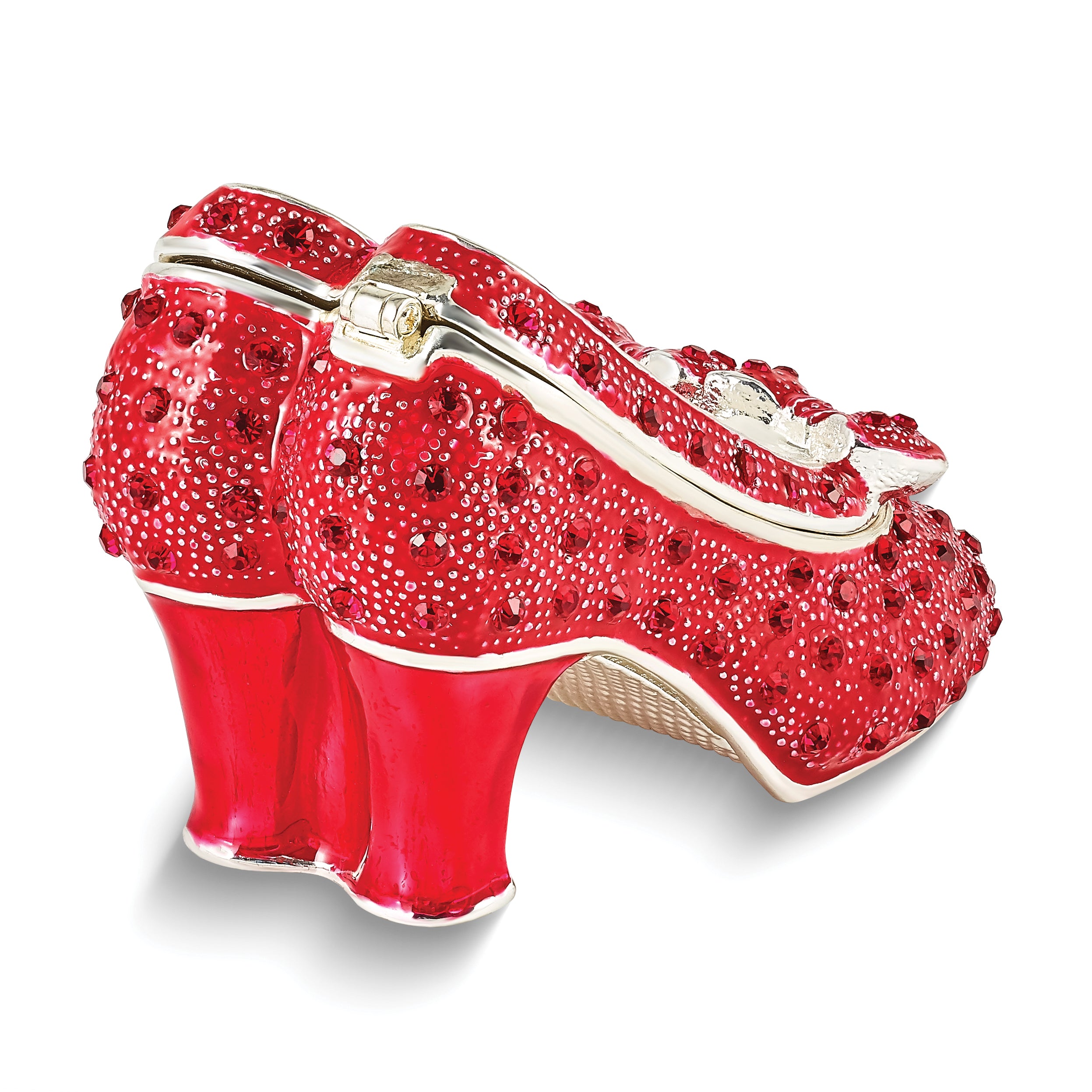 Luxury Giftware Pewter Bejeweled Crystals Silver-tone Enameled SCARLET Red High Heels with Bows Trinket Box with Matching 18 Inch Necklace