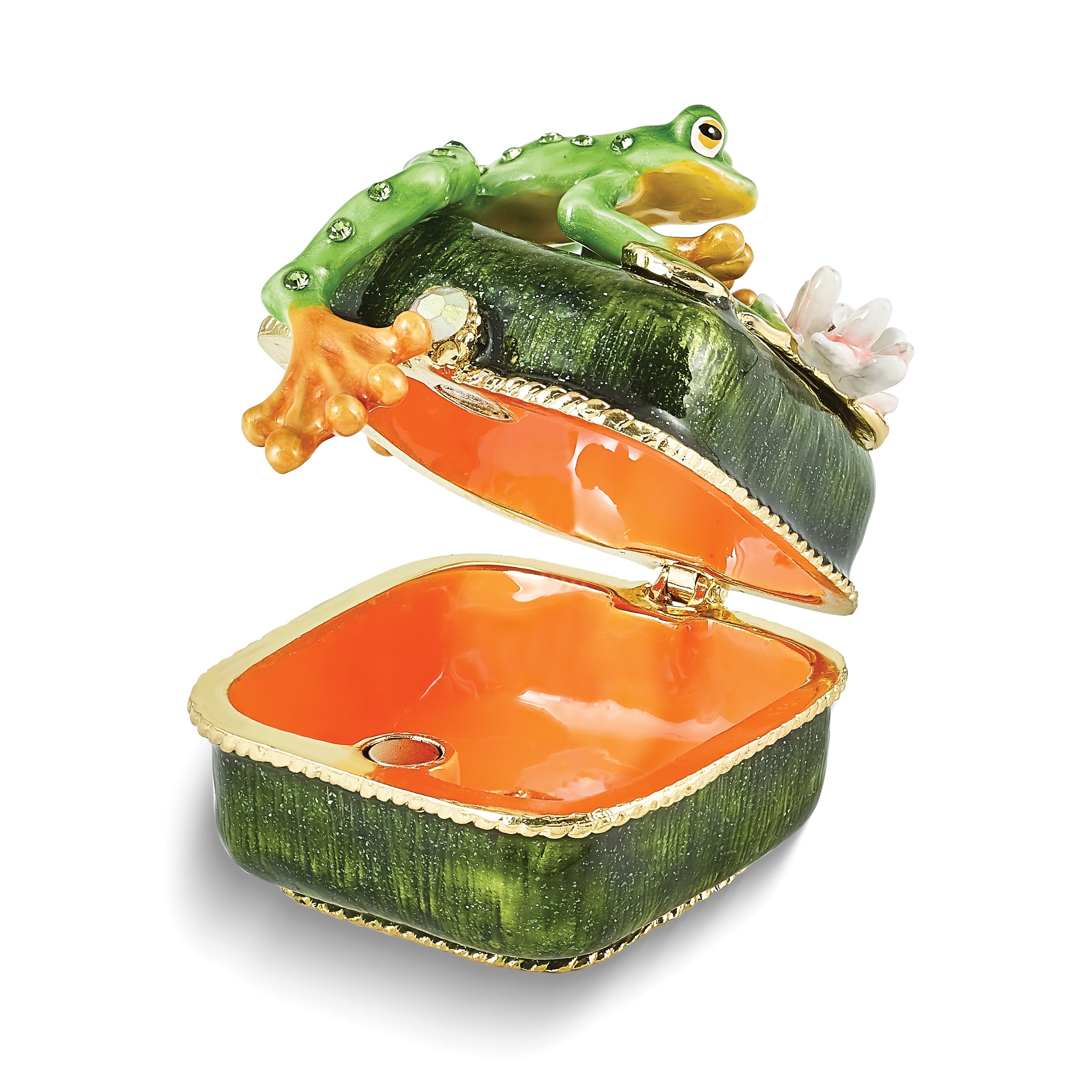 Luxury Giftware by Jere Pewter Bejeweled Crystals Gold-tone Enameled PADDY Frog on Lily Pad Trinket Box with Matching 18 Inch Necklace
