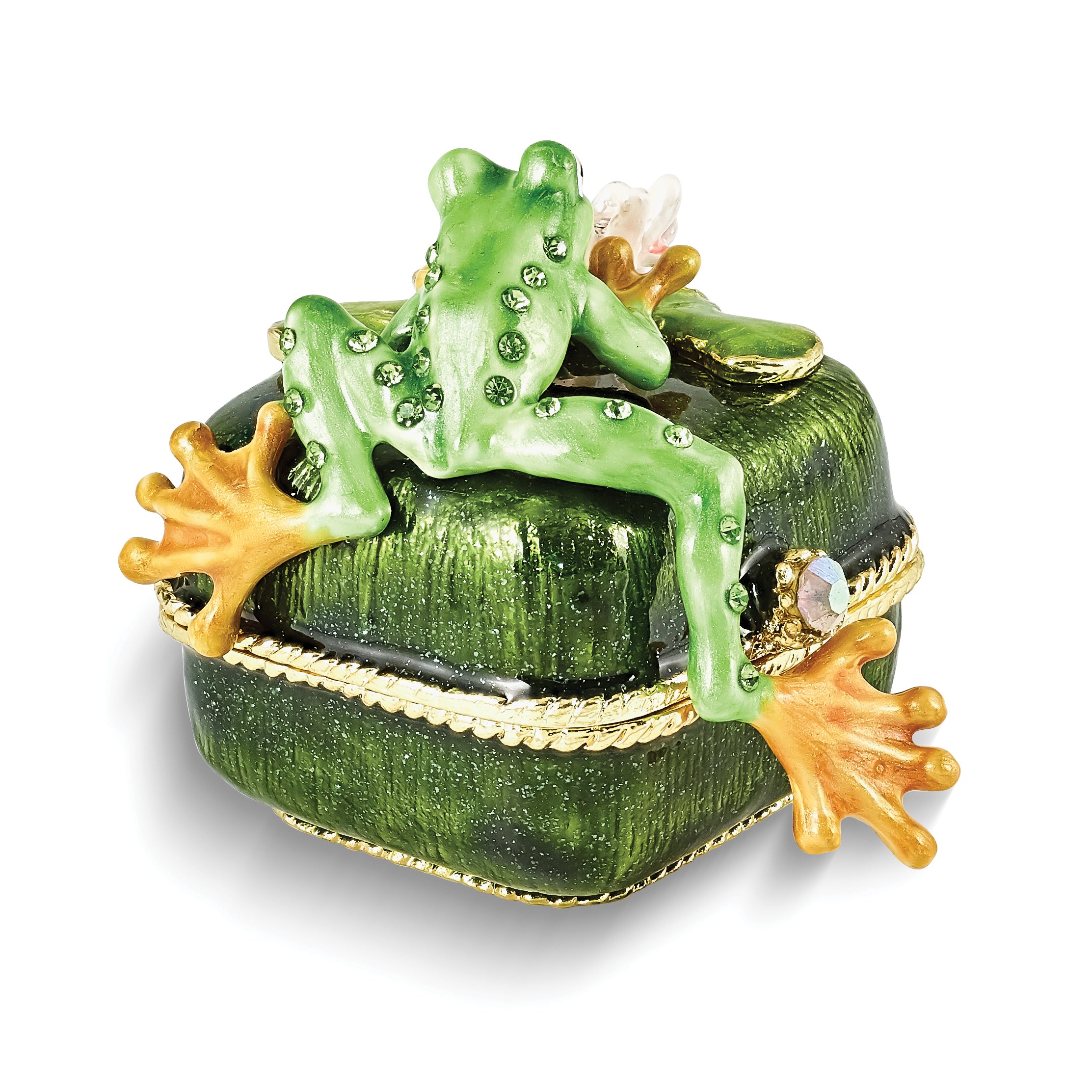 Luxury Giftware by Jere Pewter Bejeweled Crystals Gold-tone Enameled PADDY Frog on Lily Pad Trinket Box with Matching 18 Inch Necklace