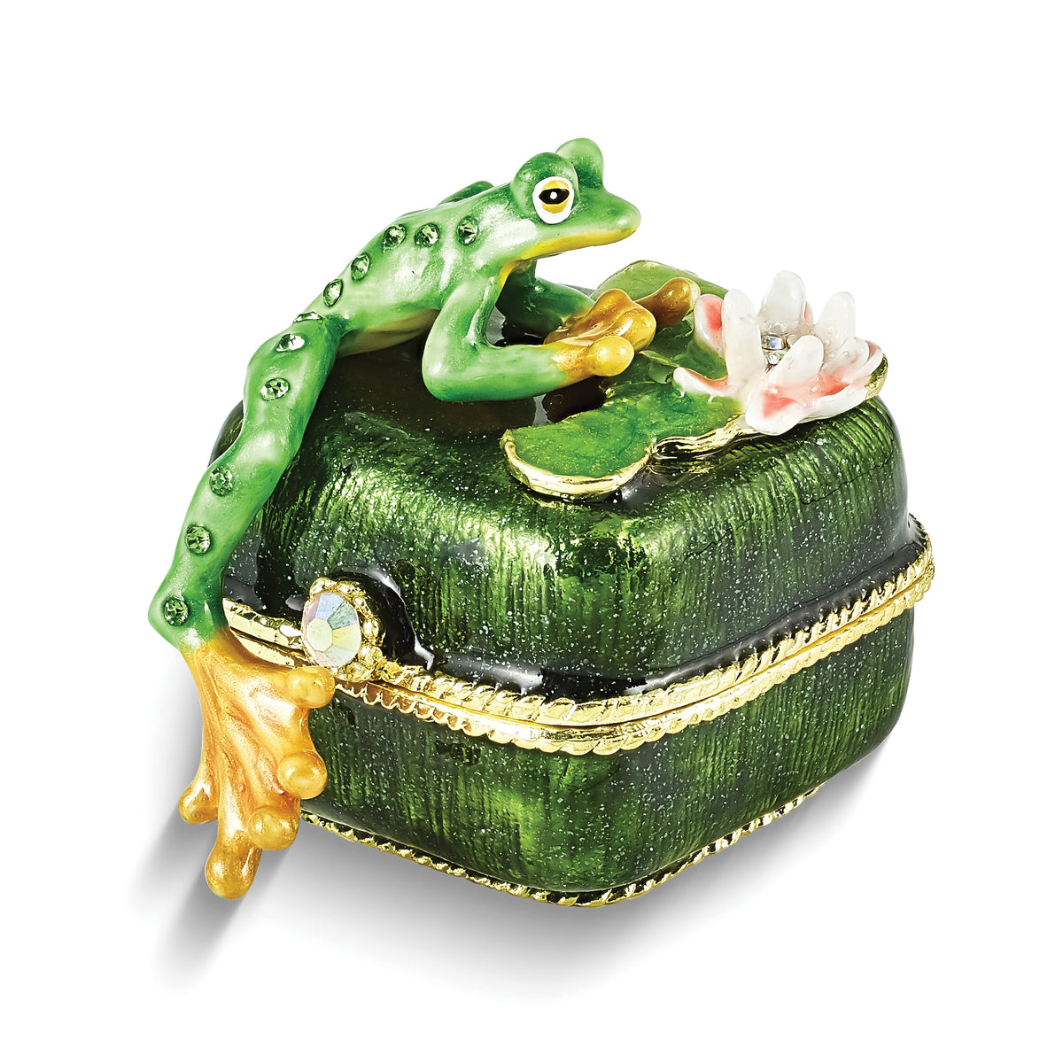 Luxury Giftware by Jere Pewter Bejeweled Crystals Gold-tone Enameled PADDY Frog on Lily Pad Trinket Box with Matching 18 Inch Necklace