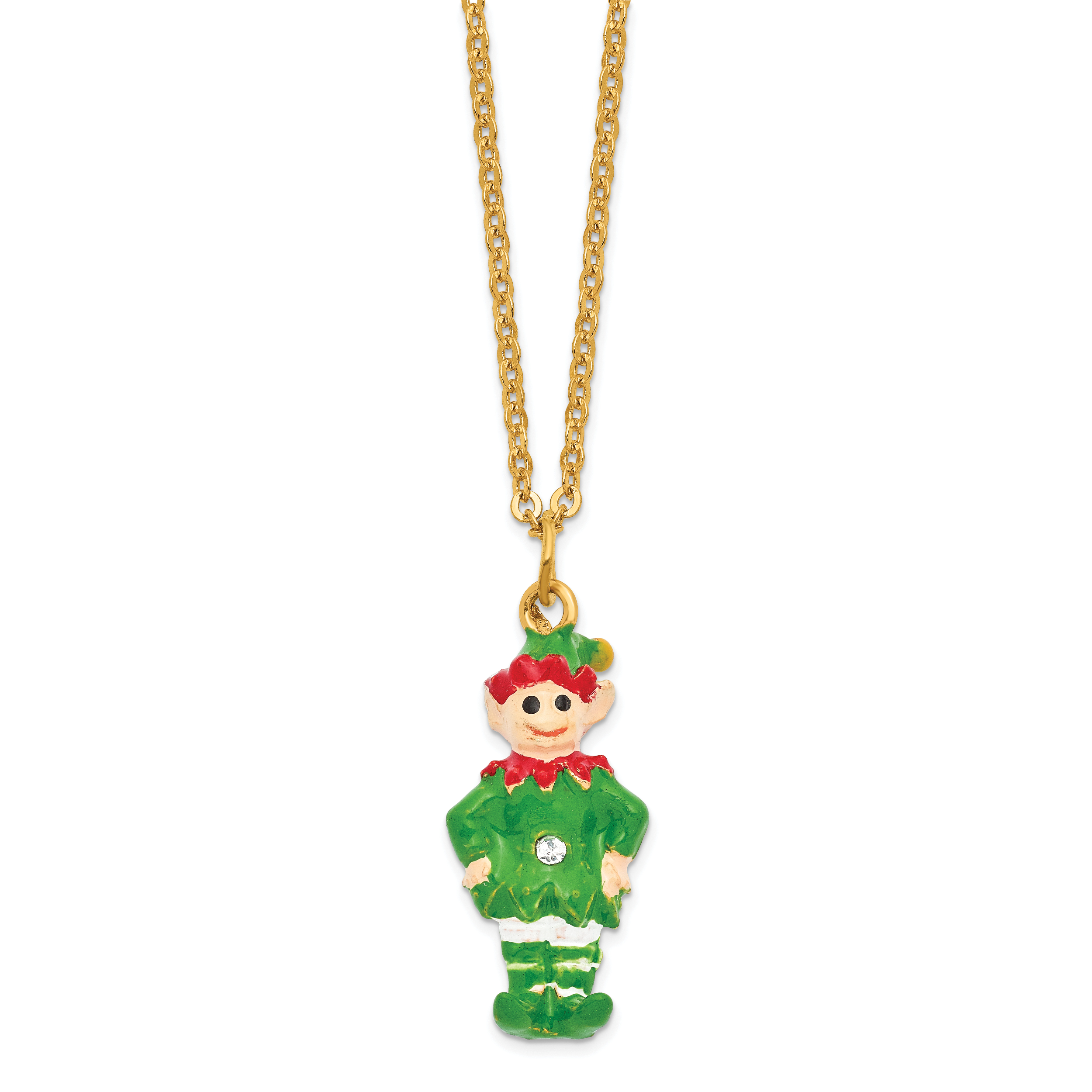 Luxury Giftware by Jere Bejeweled Crystals Gold-tone Enameled JANGLE Elf Trinket Box with Matching 18 Inch Necklace