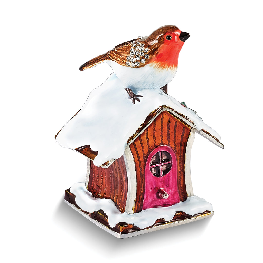 Luxury Giftware by Jere Bejeweled Crystals Silver-tone Enameled BERTIE Robin on Bird House Trinket Box with Matching 18 Inch Necklace