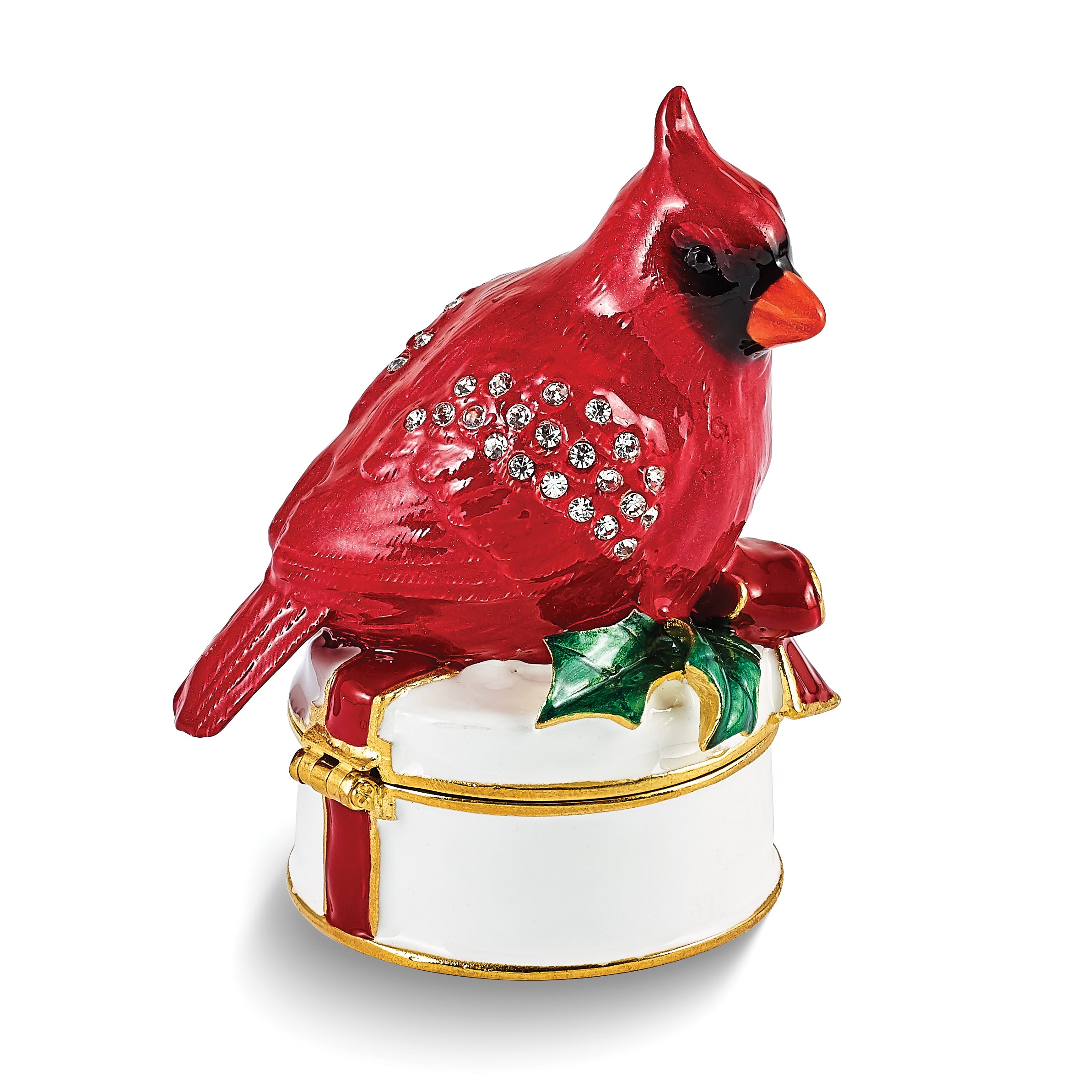 Luxury Giftware by Jere Bejeweled Crystals Gold-tone Enameled CHAS Red Cardinal on White Trinket Box with Matching 18 Inch Necklace