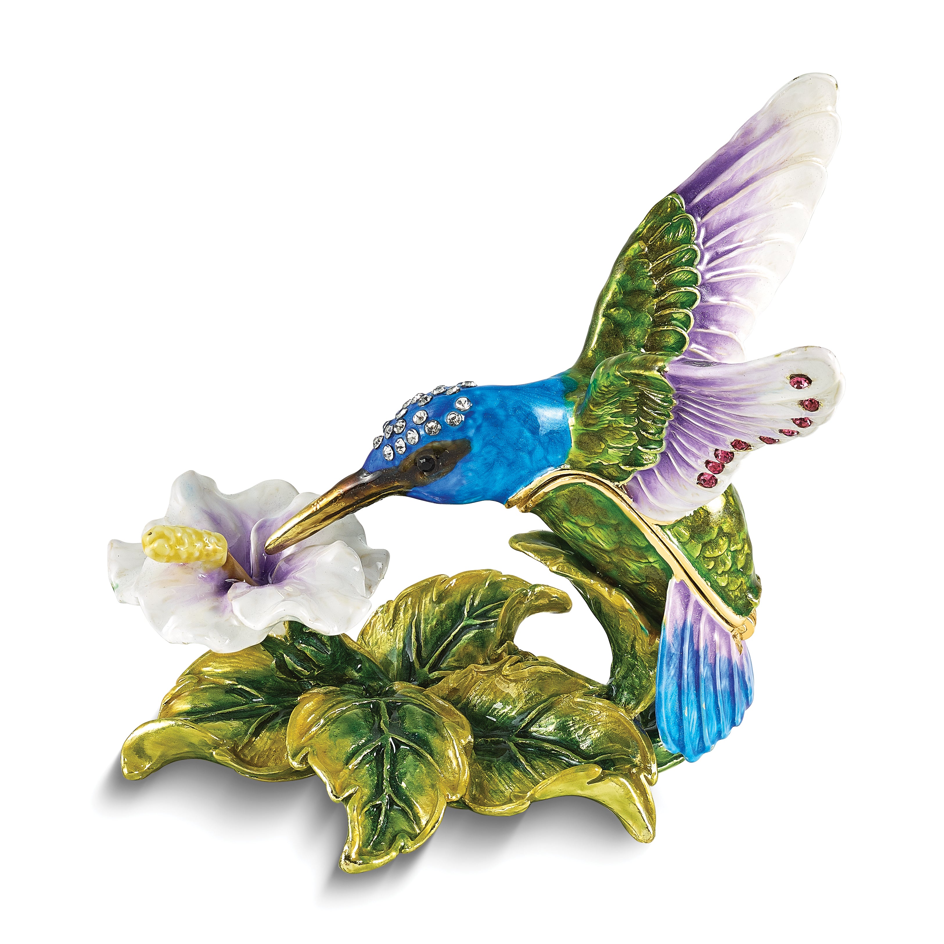 Luxury Giftware by Jere Bejeweled Crystals Gold-tone Enameled GRACEFUL FLIGHT Blue/Purple/Green Hummingbird Trinket Box with Matching 18 Inch Necklace