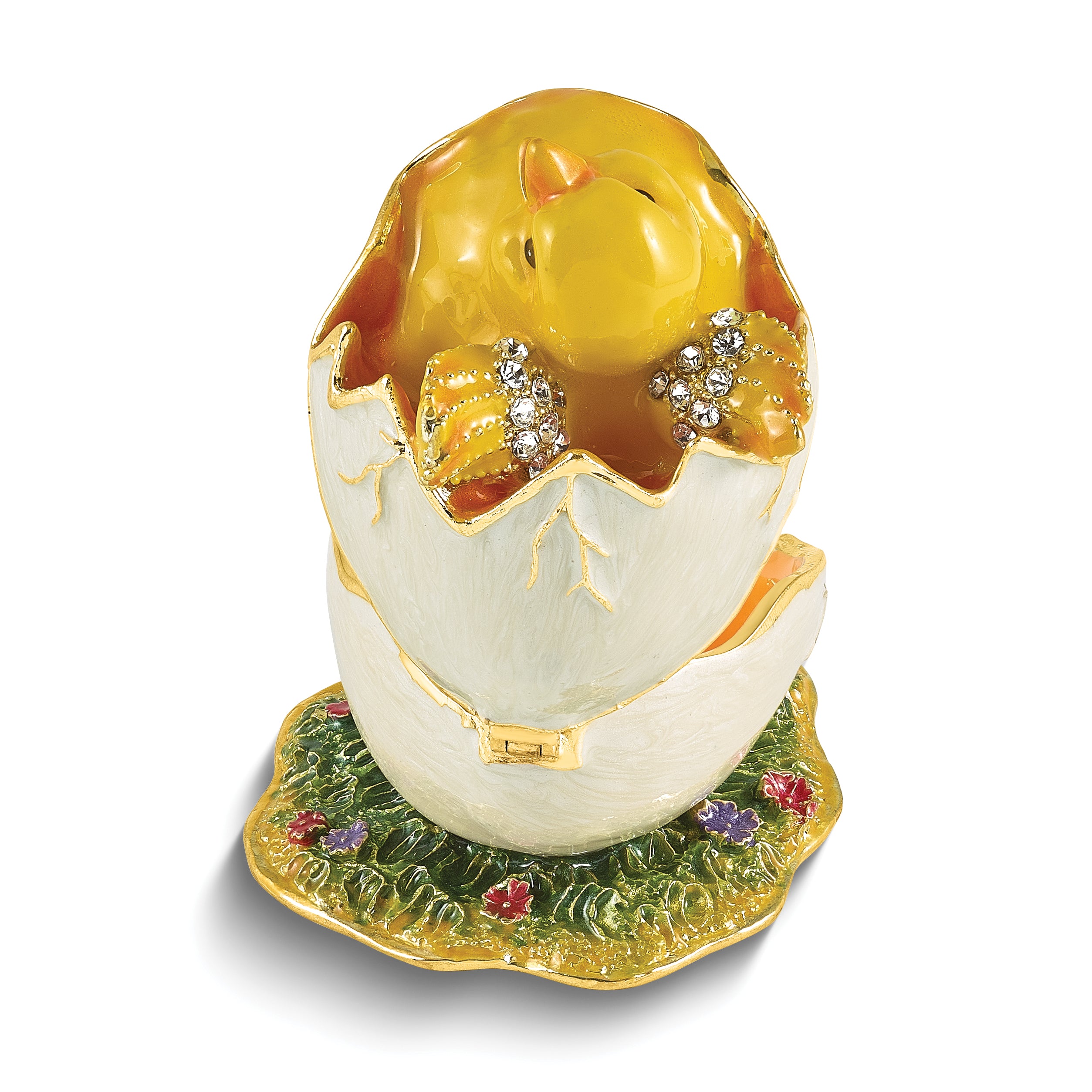 Luxury Giftware by Jere Bejeweled Crystal Gold-tone Enamelled DAISY Yellow Chick Hatching from Egg Trinket Box with Matching 18 Inch Necklace