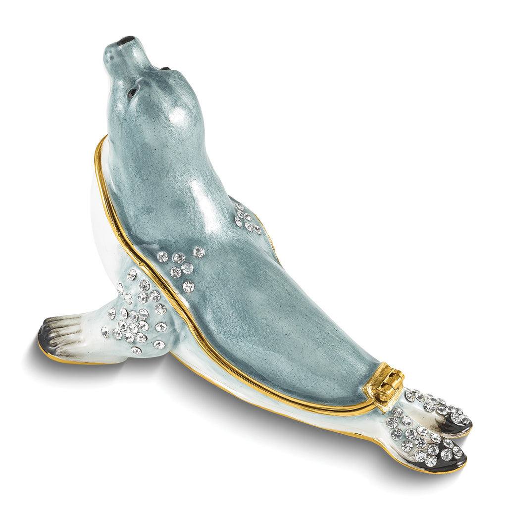 Luxury Giftware by Jere Pewter Bejeweled Crystals Gold-tone Enameled PINNY Grey Seal Trinket Box with Matching 18 Inch Necklace