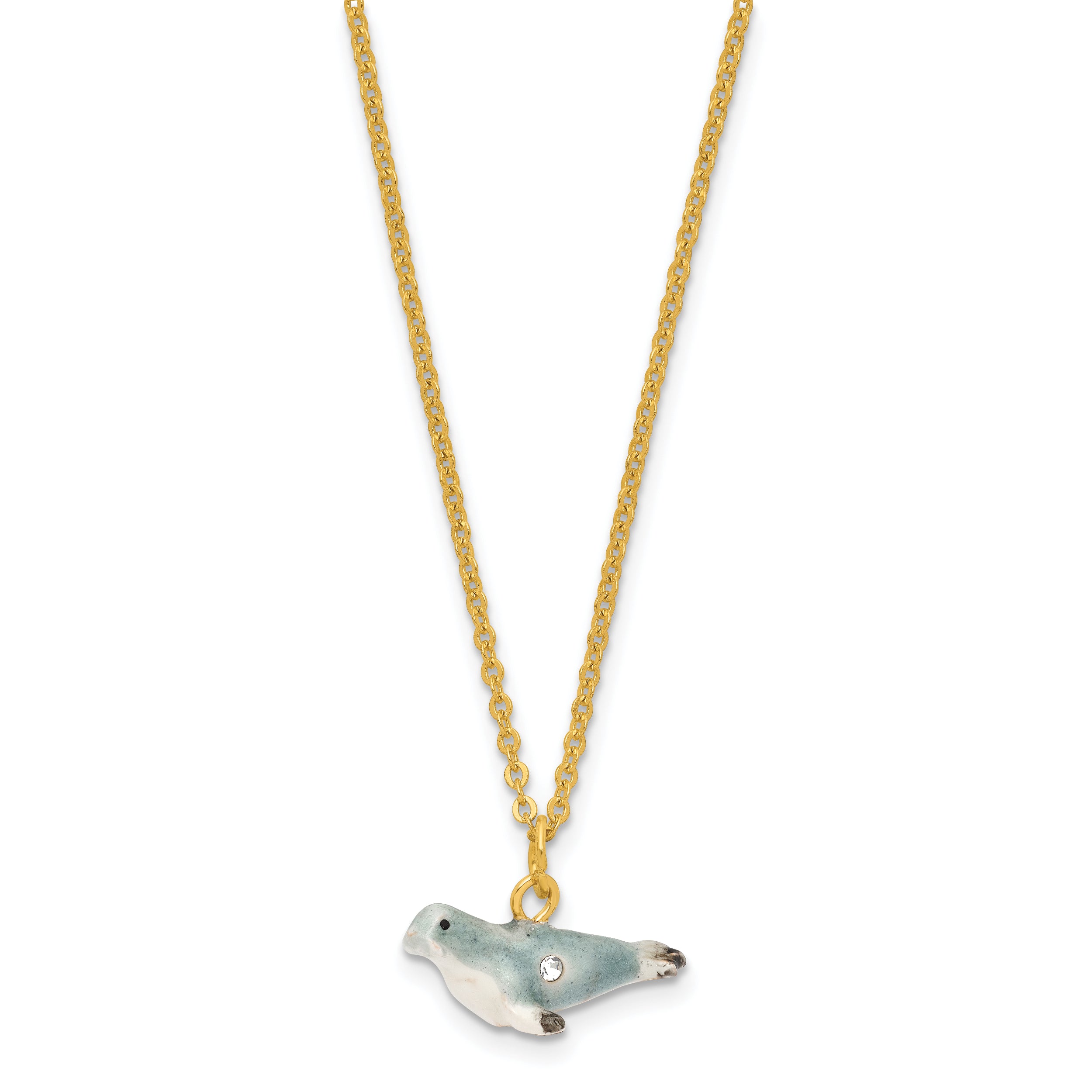 Luxury Giftware by Jere Pewter Bejeweled Crystals Gold-tone Enameled PINNY Grey Seal Trinket Box with Matching 18 Inch Necklace