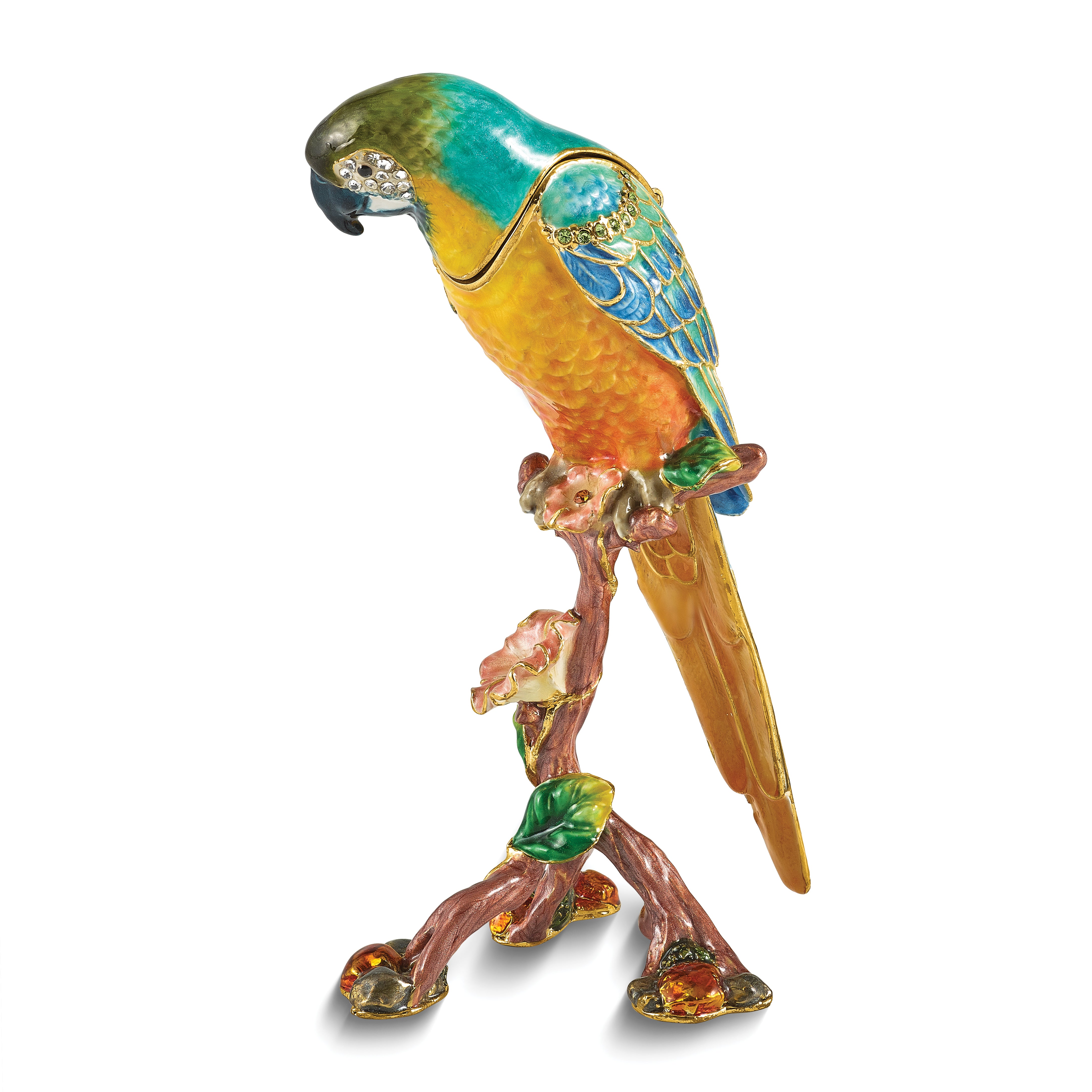 Luxury Giftware by Jere Bejeweled MOJO Macaw Parrot on Branch Trinket Box with Matching 18 inch Necklace