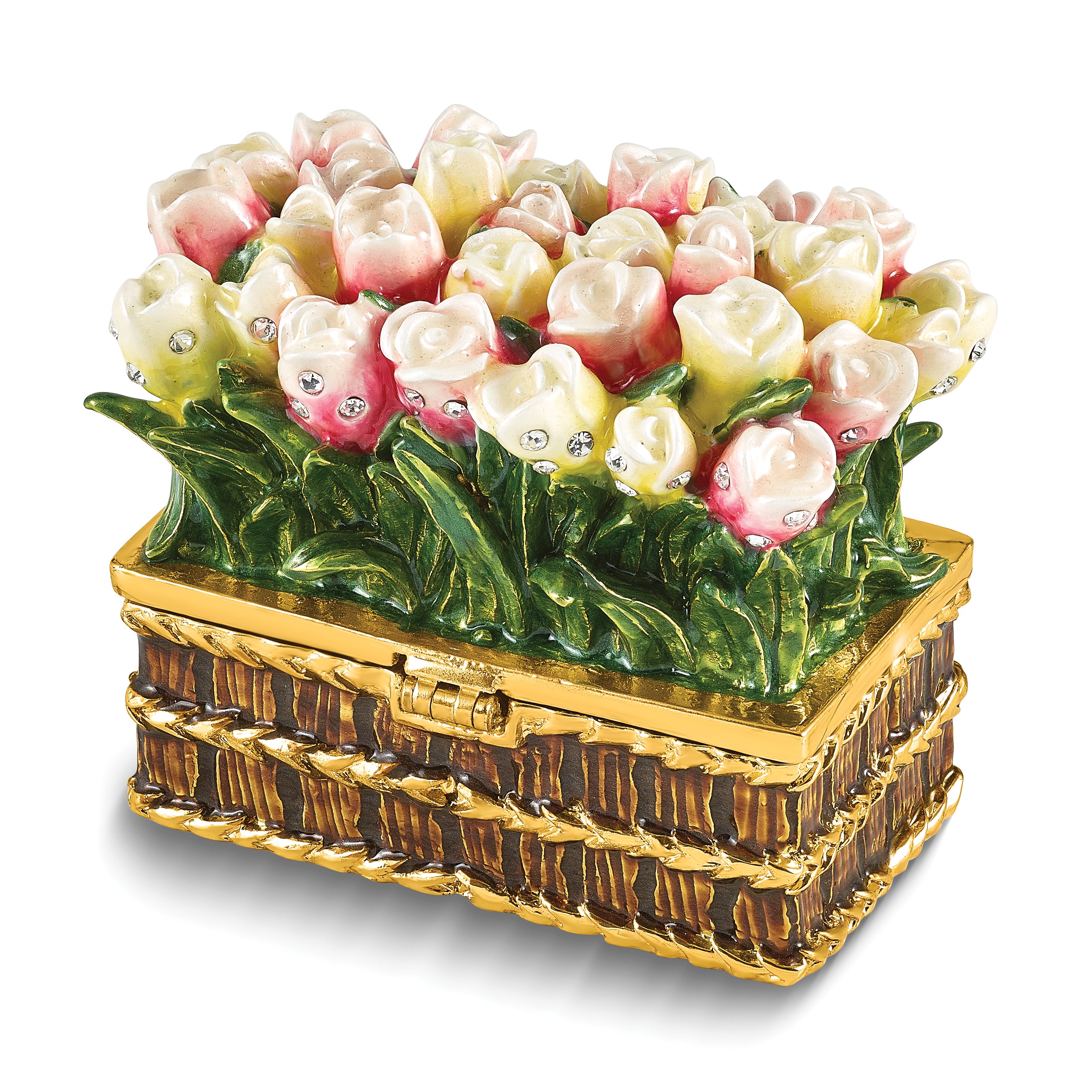 Luxury Giftware by Jere Bejeweled LOVELY SURPRISE Basket of Tulips Trinket Box with Ring Insert and Matching 18 inch Necklace