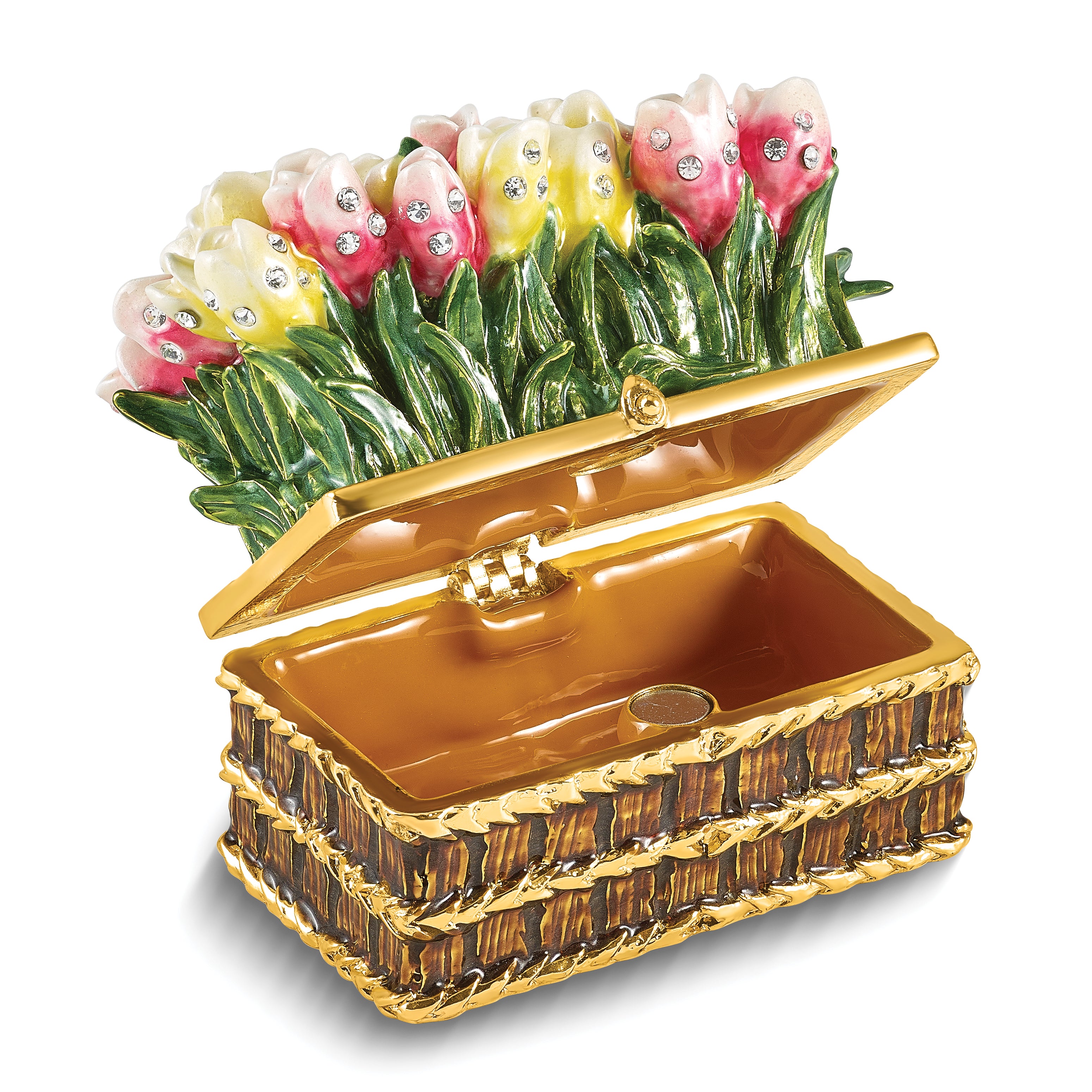 Luxury Giftware by Jere Bejeweled LOVELY SURPRISE Basket of Tulips Trinket Box with Ring Insert and Matching 18 inch Necklace