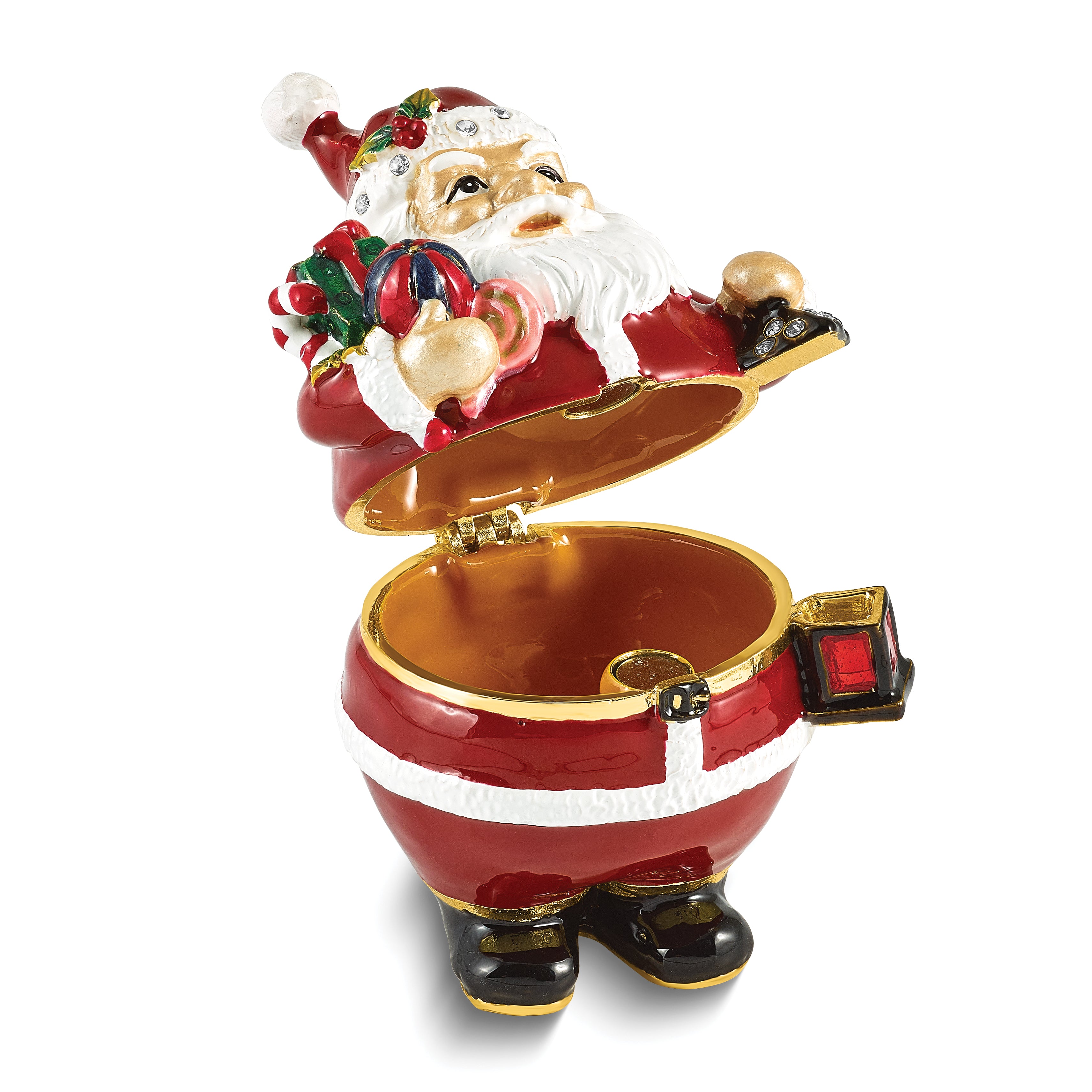 Luxury Giftware by Jere Bejeweled MR KRINGLE Santa Claus holding Gift and Lamp Trinket Box with Matching 18 Inch Necklace