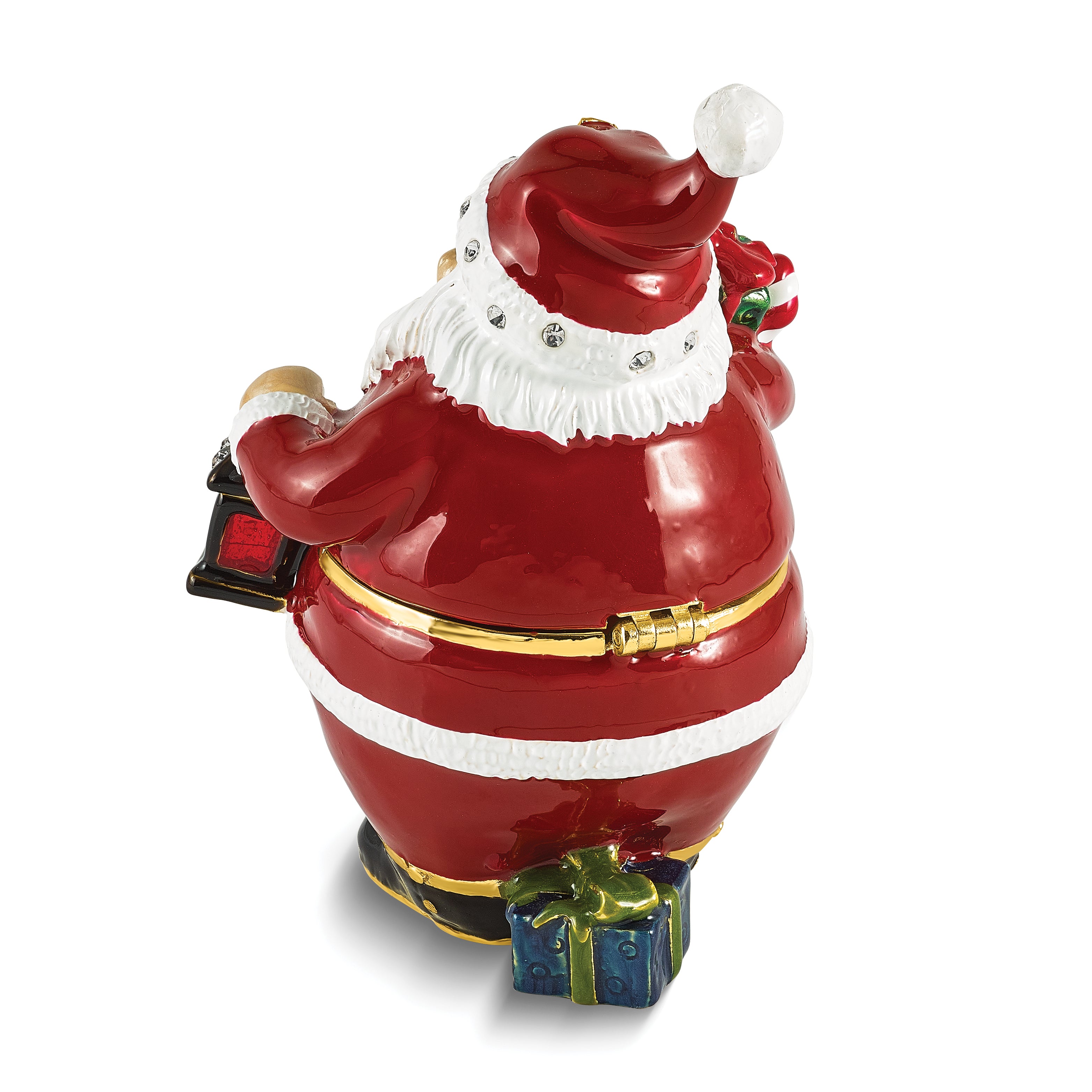 Luxury Giftware by Jere Bejeweled MR KRINGLE Santa Claus holding Gift and Lamp Trinket Box with Matching 18 Inch Necklace