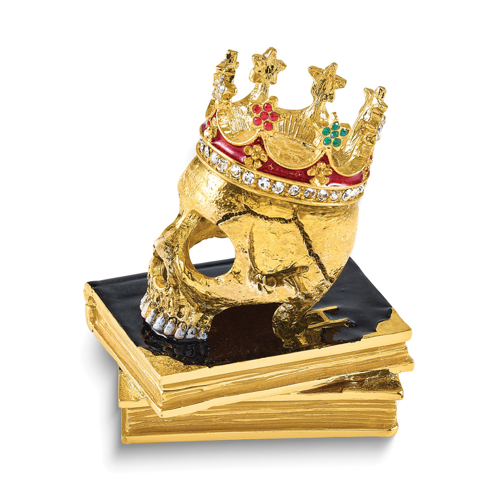 Luxury Giftware by Jere Bejeweled SHAKESPEARE Crowned Skull on Books Trinket Box with Matching 18 inch Necklace
