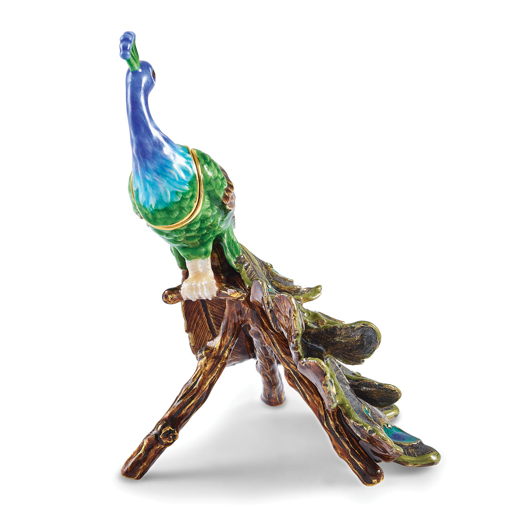 Luxury Giftware by Jere Bejeweled BLUEBELL Peacock on Branch Trinket Box with Matching 18 inch Necklace